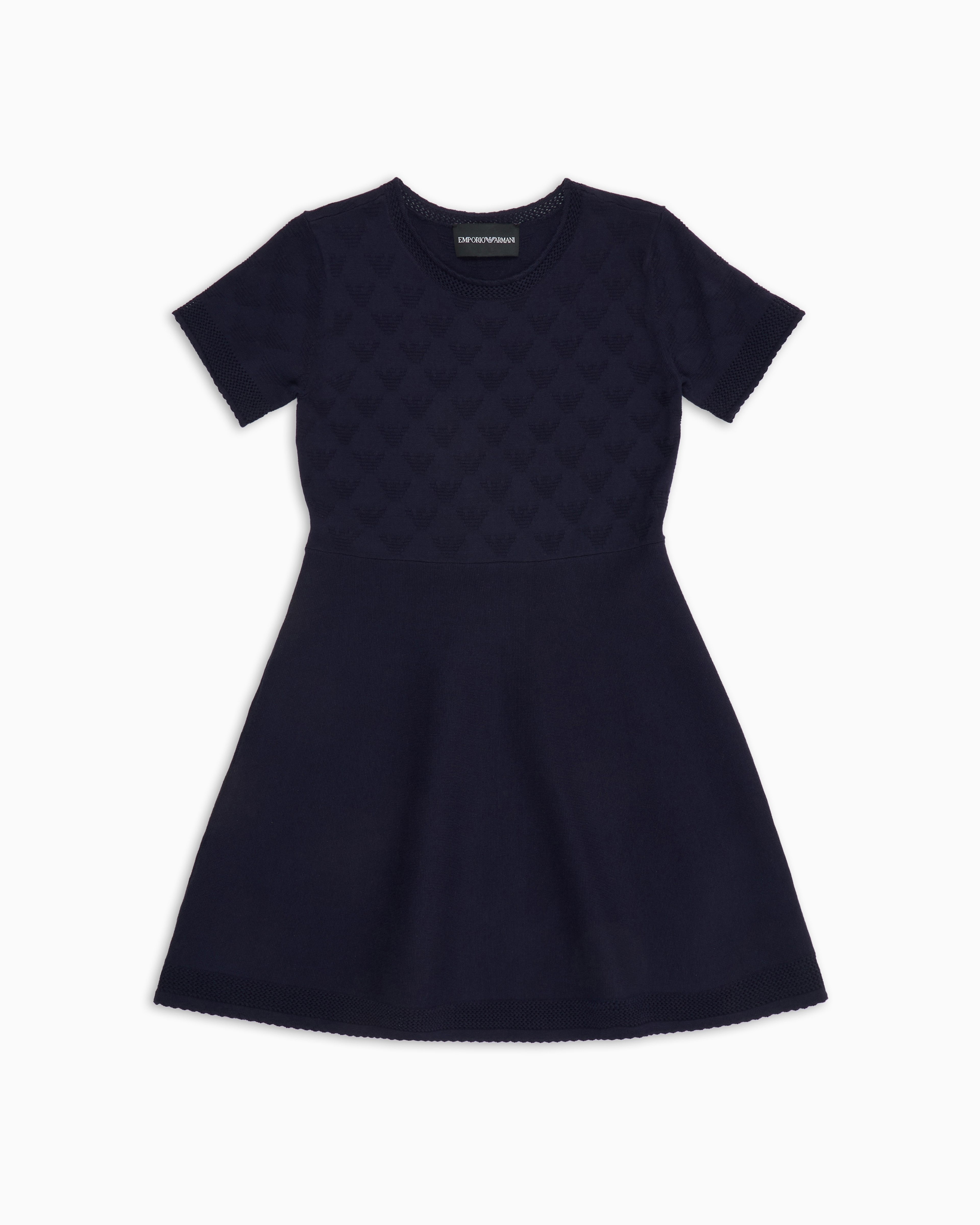 Emporio Armani - Flared dress all-over eagle jacquard knit, Girl, Navy Blue, Size: