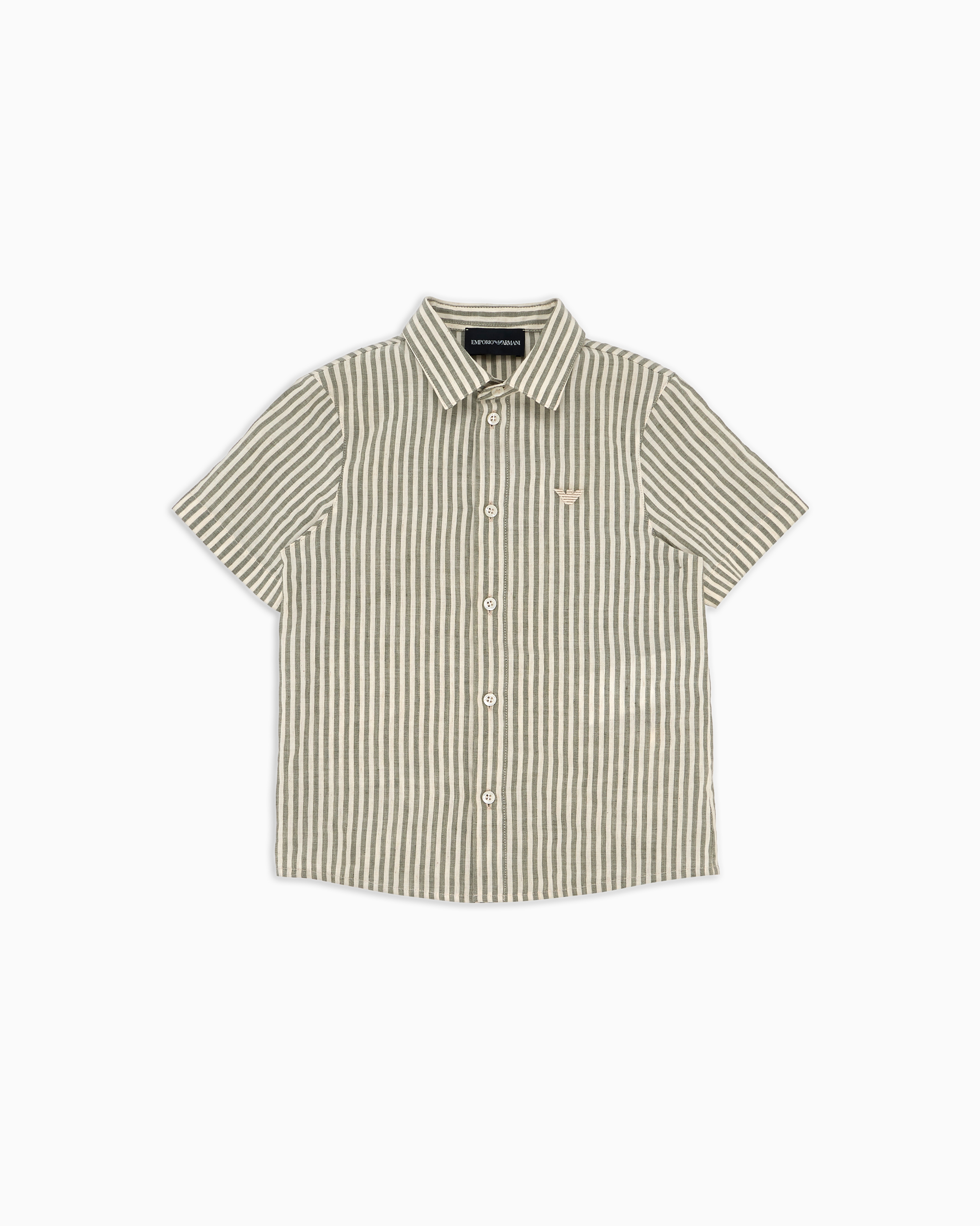 Emporio Armani - Short-sleeved striped shirt a linen blend, Boy, Beige, Size: