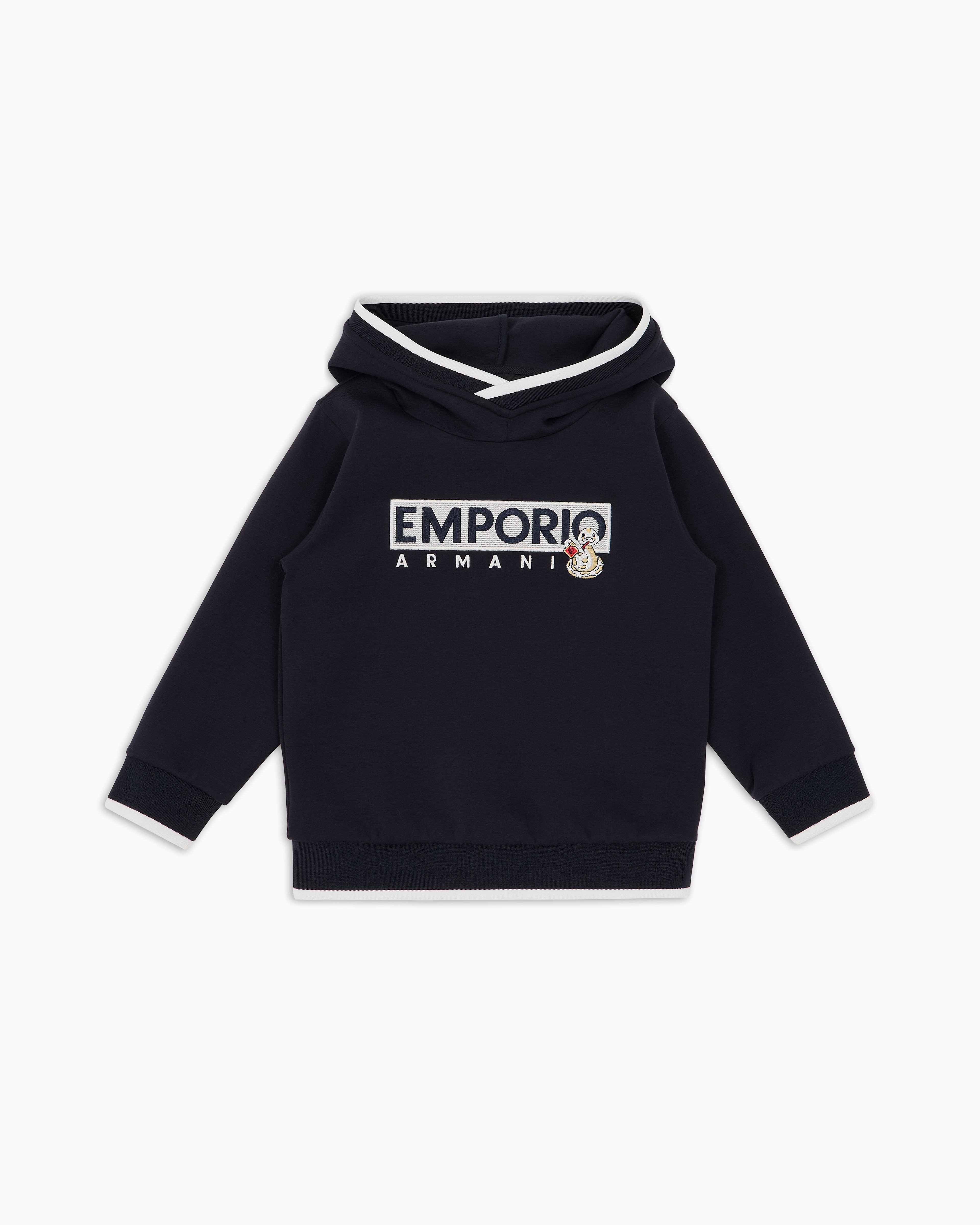 Emporio Armani - ASV Double-jersey hooded sweatshirt with oversized Lunar New Year embroidery, Boy, Navy_blue, Size:
