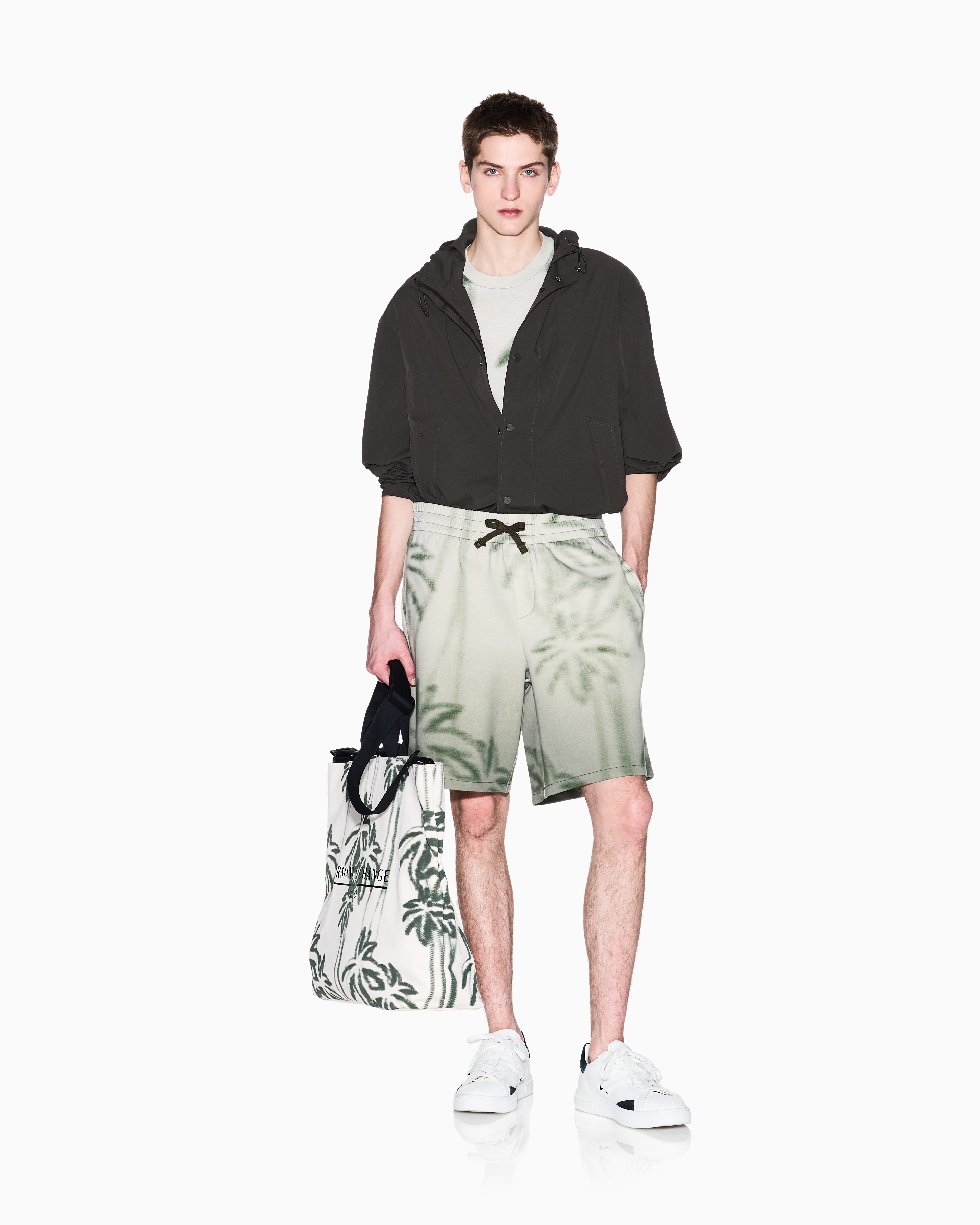 Armani Exchange - Palm Print Cotton Blend Shorts, Man, Beige, Size: