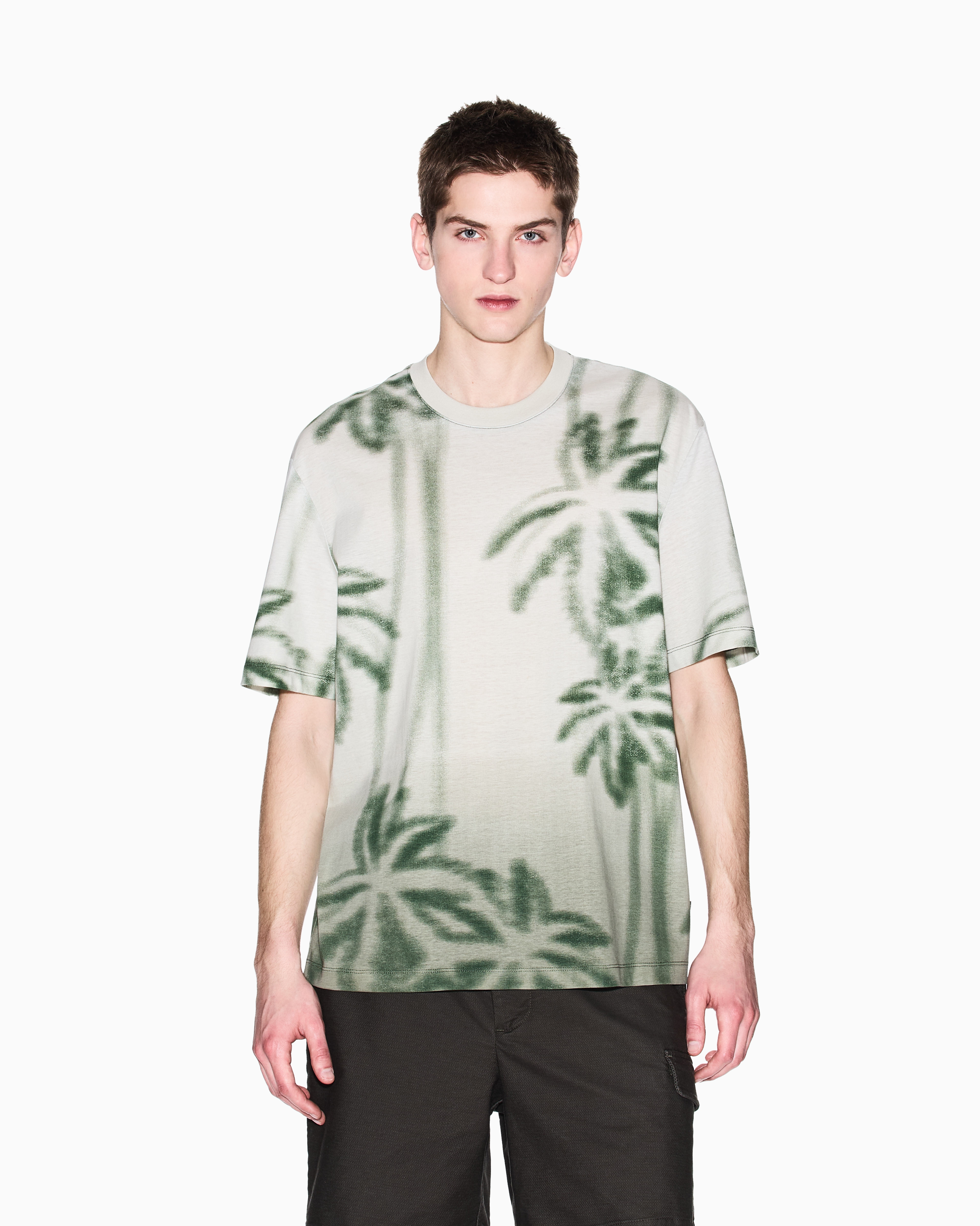 Armani Exchange - Regular fit palm tree print t-shirt, Man, Beige, Size: