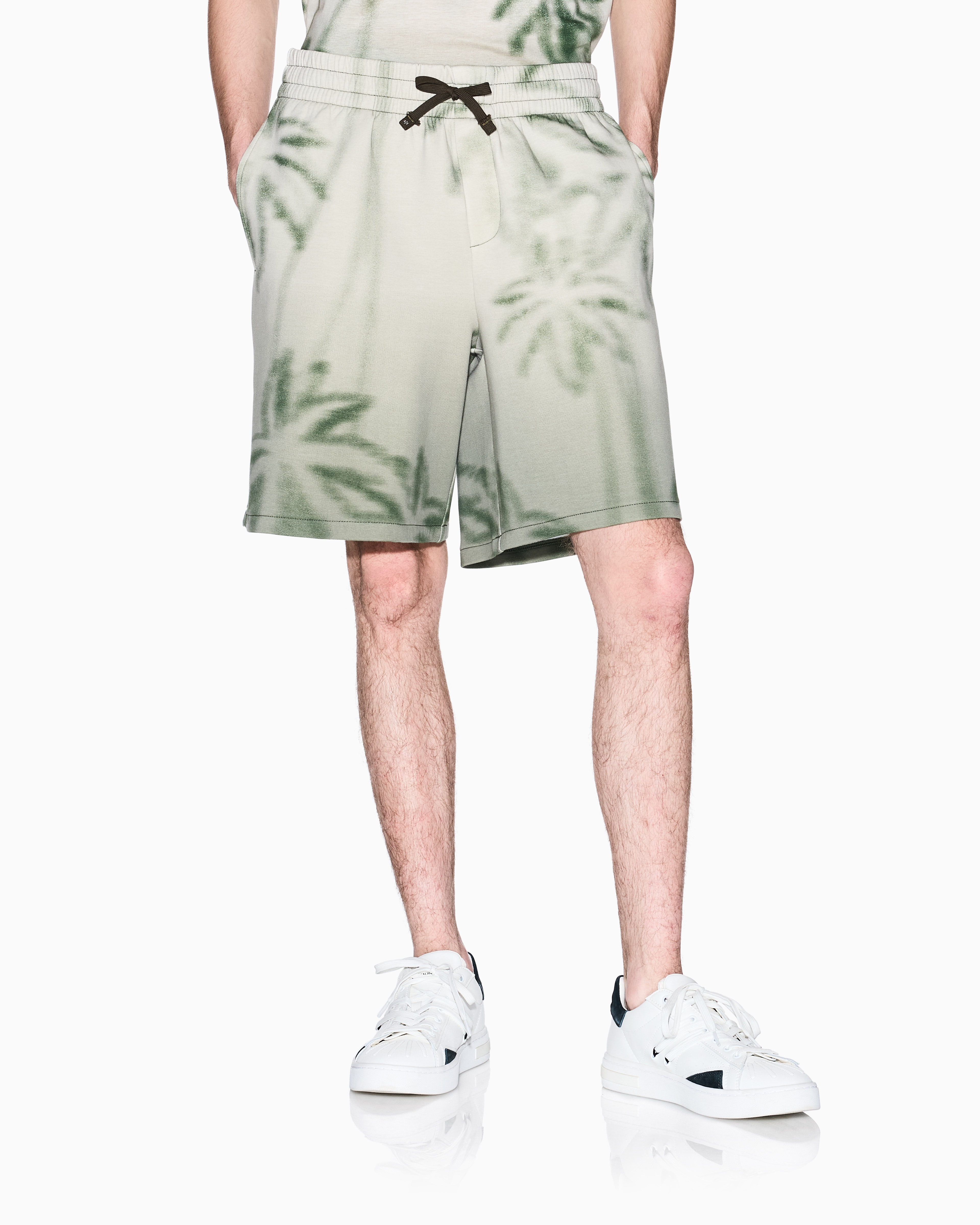 Armani Exchange - Palm Print Cotton Blend Shorts, Man, Beige, Size: