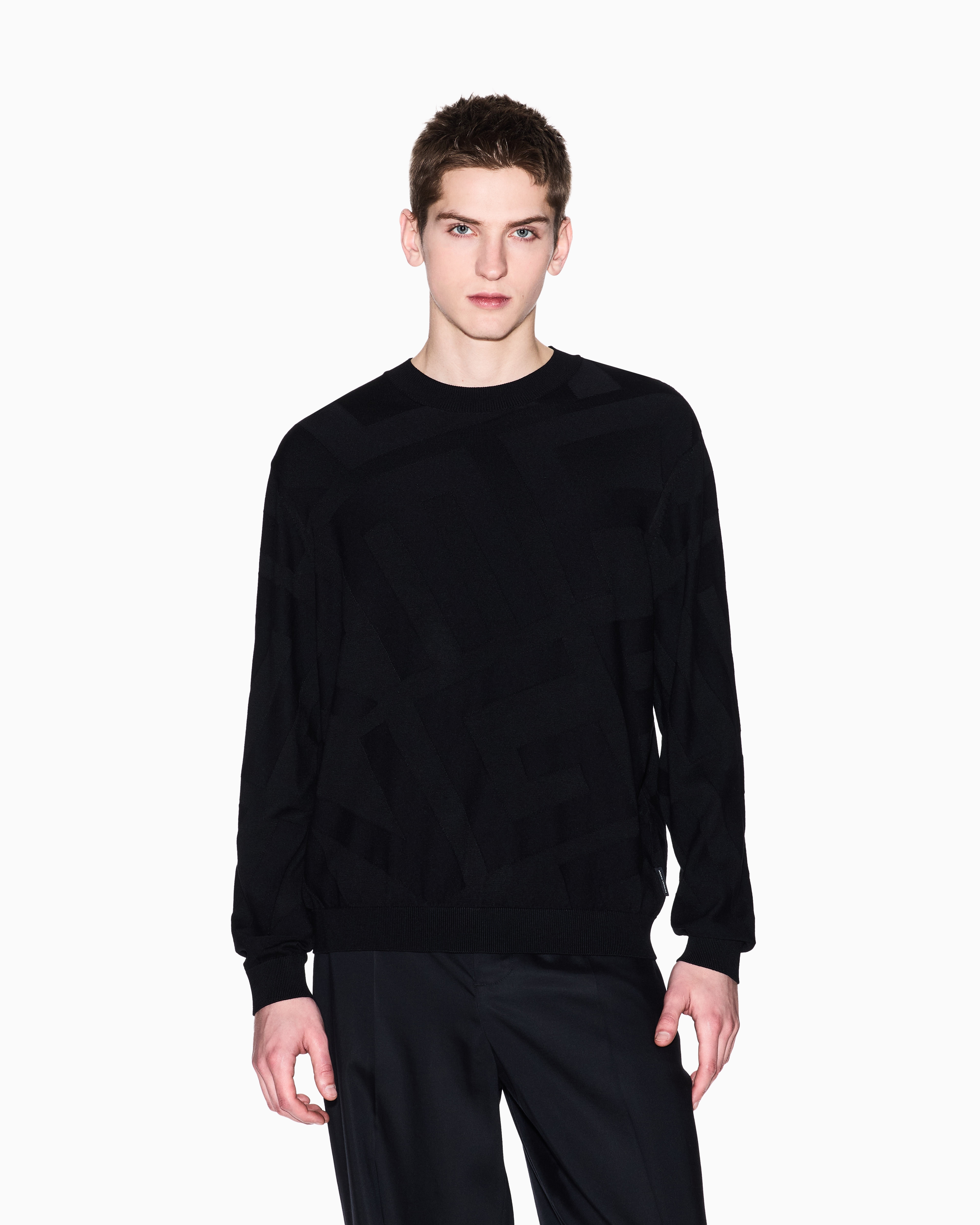 Armani Exchange - Viscose blend sweater with jacquard lettering, Man, Black, Size: