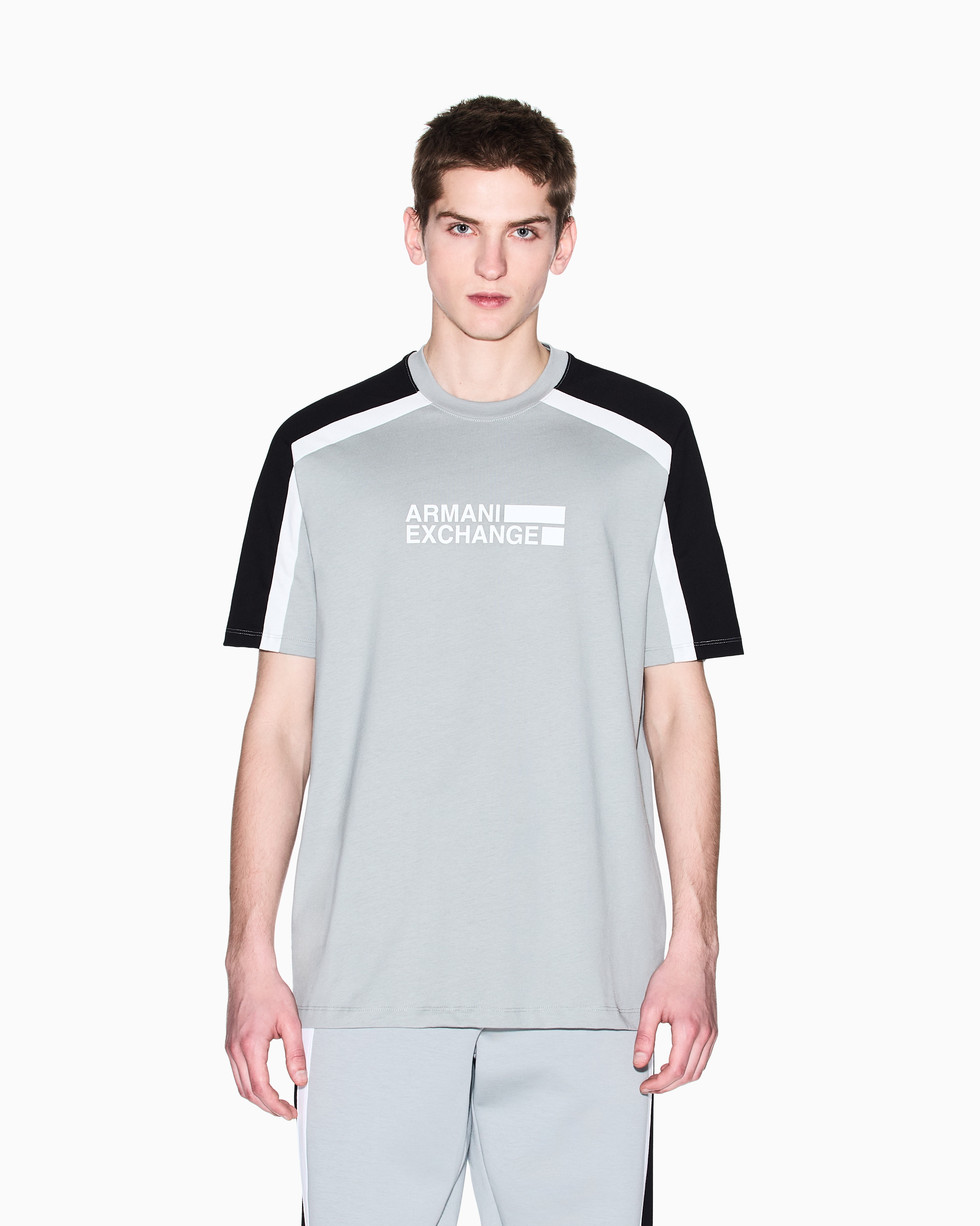 Armani Exchange - Short-sleeved sweatshirt with contrasting stripes, Man, Grey, Size: