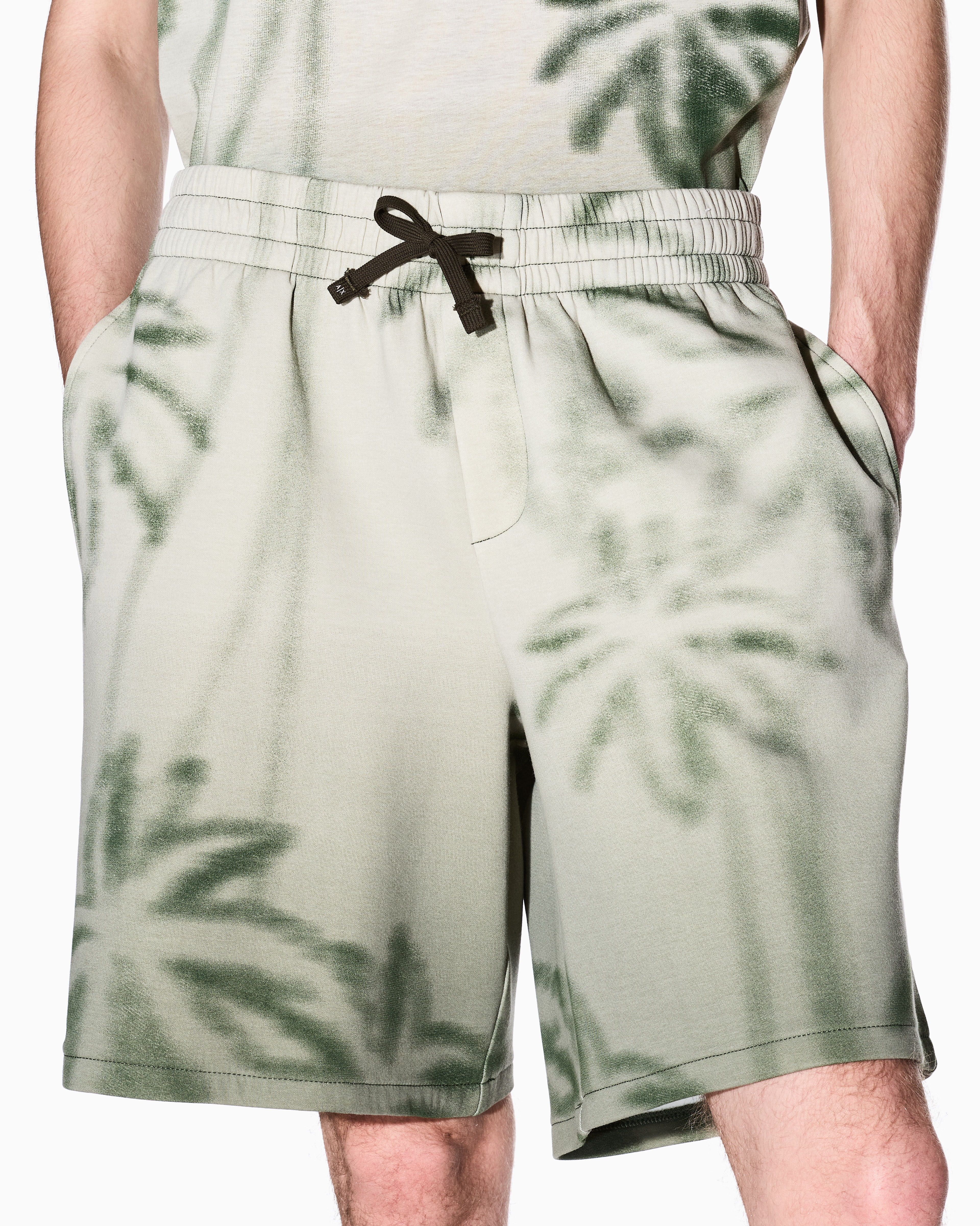Armani Exchange - Palm Print Cotton Blend Shorts, Man, Beige, Size: