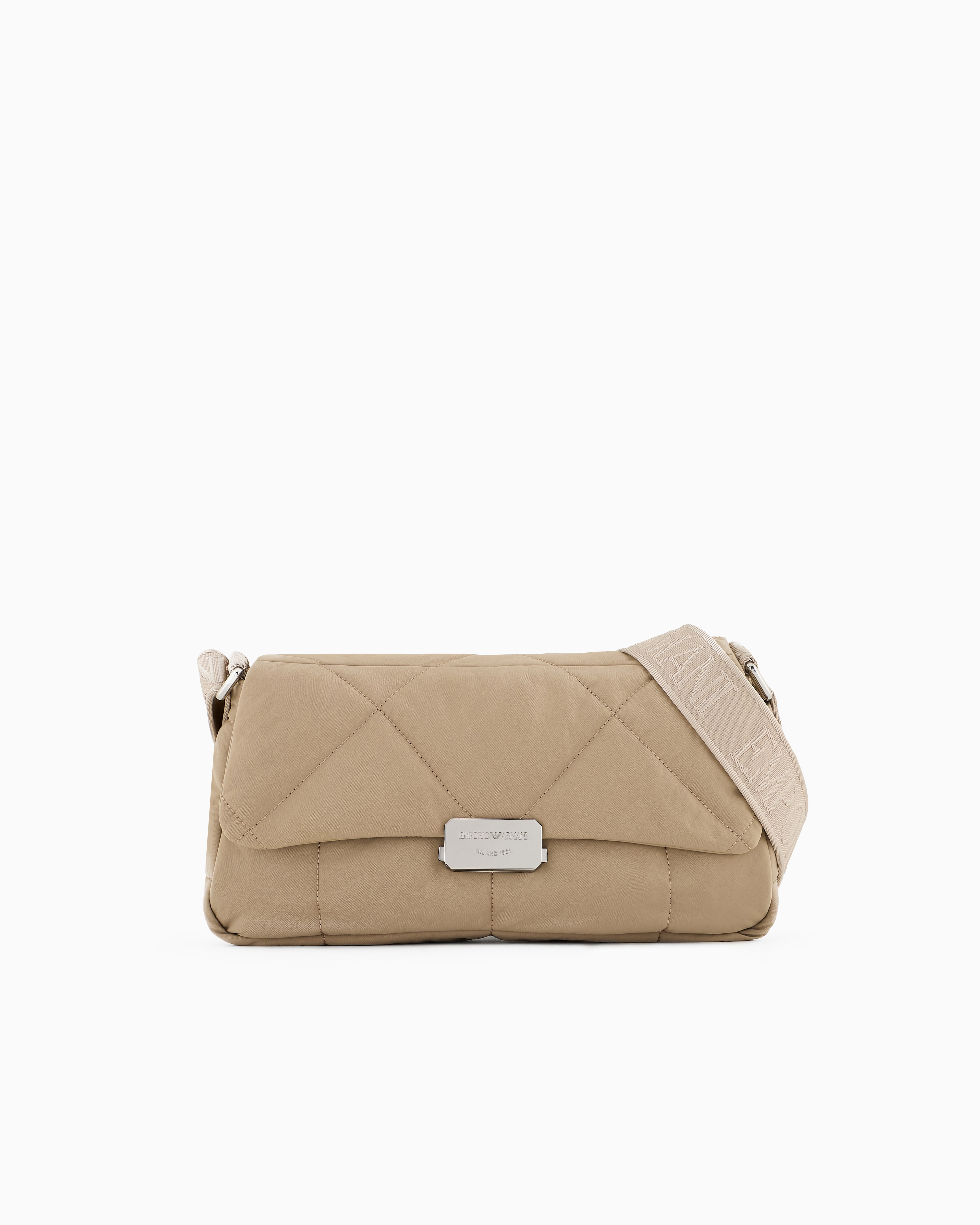 Emporio Armani - Large shoulder bag in matelassé nylon, Woman, Beige, Size: TU