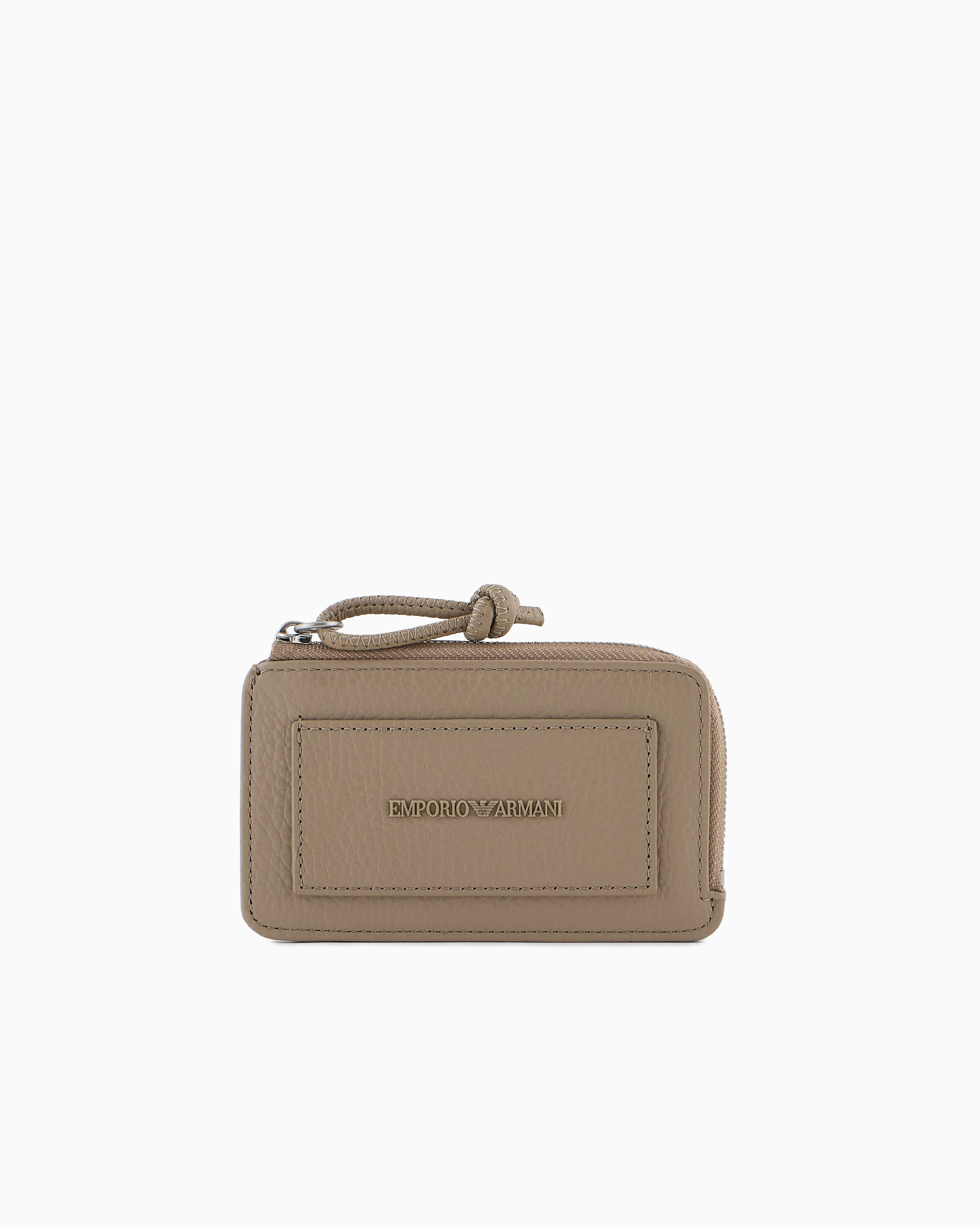 Emporio Armani - Zipped, tumbled-leather card holder, Man, Beige, Size: TU