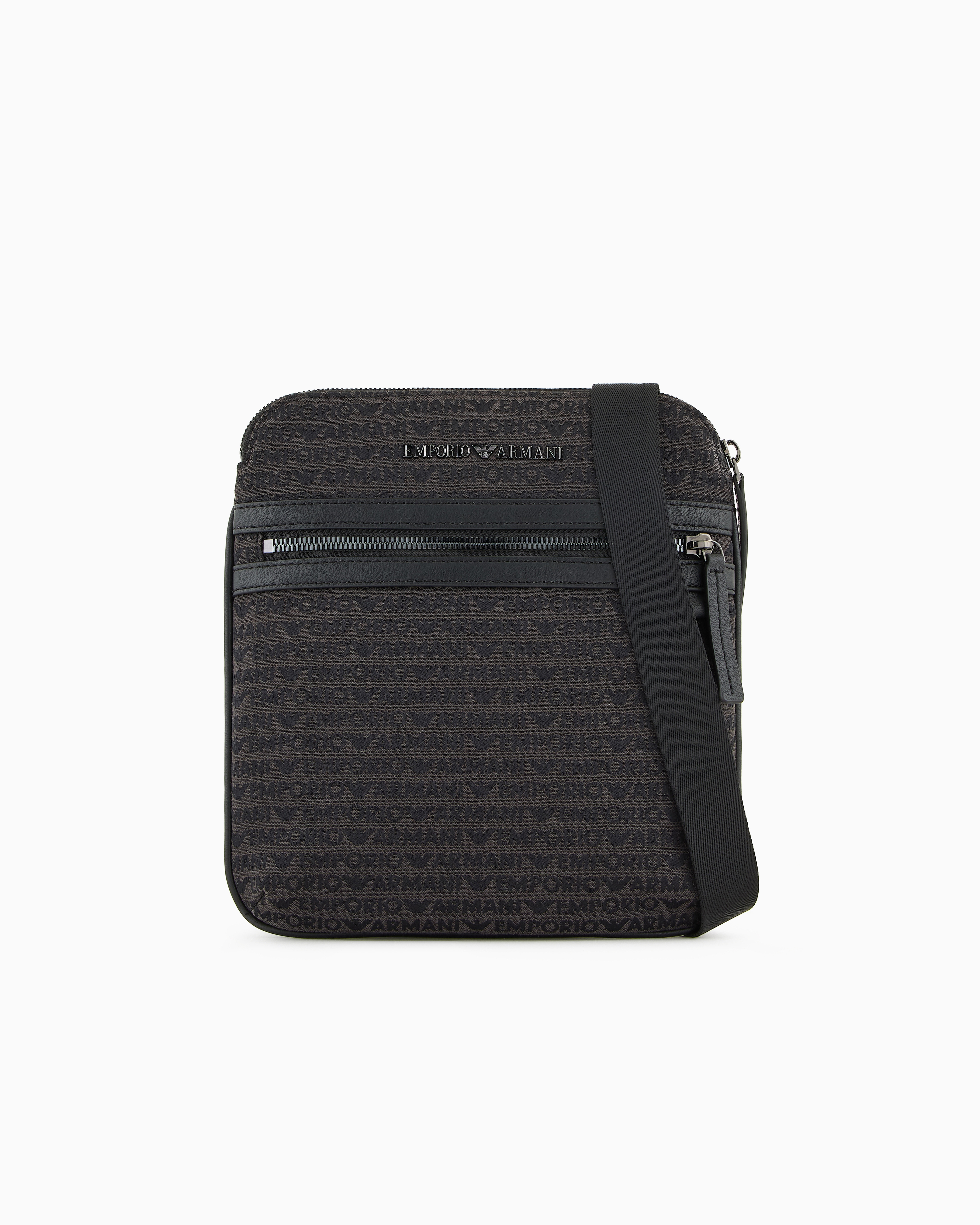 Emporio Armani - Flat shoulder bag in jacquard with all-over lettering, Man, Grey, Size: TU