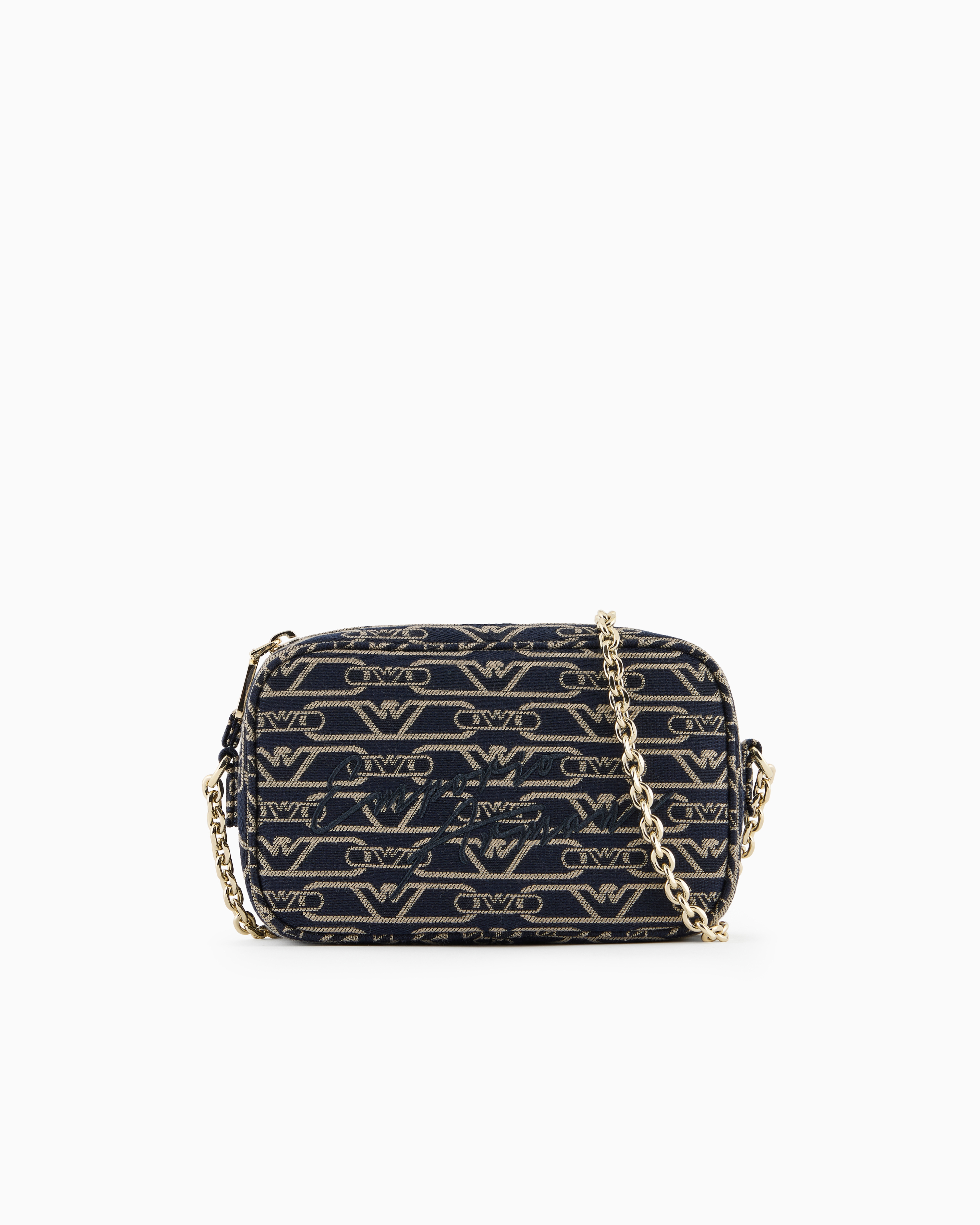 Emporio Armani - Jacquard canvas camera case with all-over monogram and chain shoulder strap, Woman, Blue, Size: TU