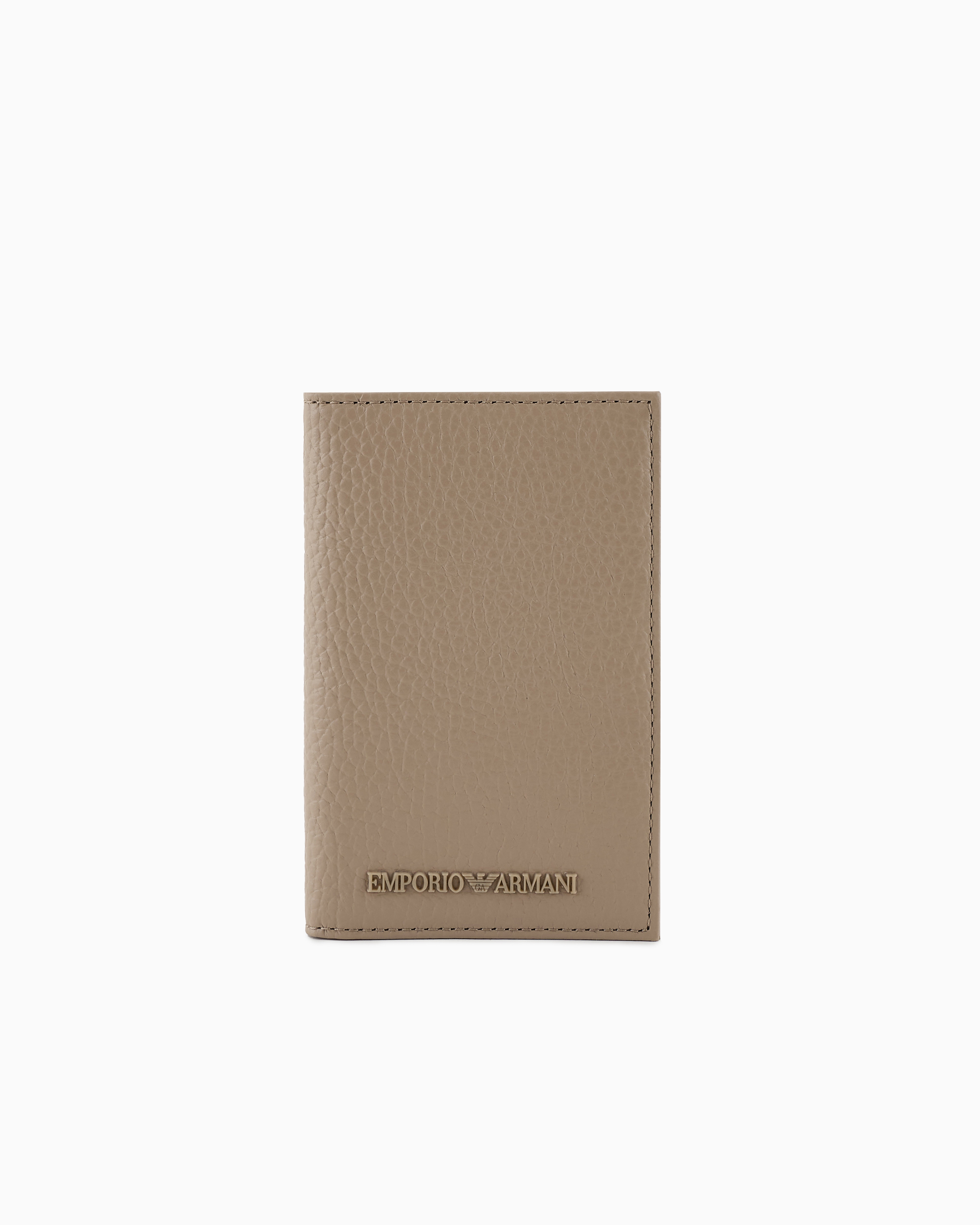 Emporio Armani - Zipped, tumbled-leather bi-fold card holder, Man, Beige, Size: TU
