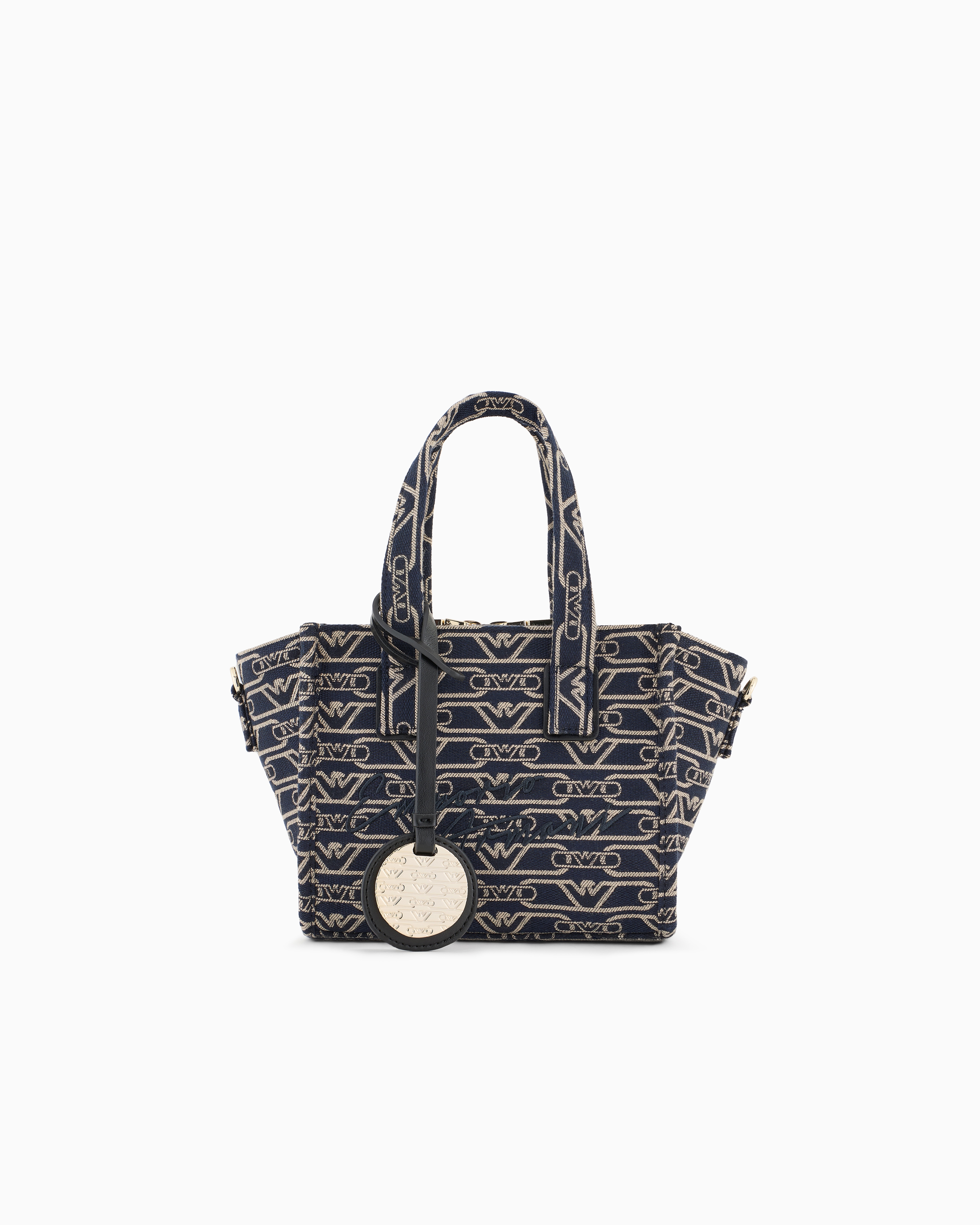 Emporio Armani - Small shopper bag in jacquard canvas with all-over monogram, Woman, Blue, Size: TU
