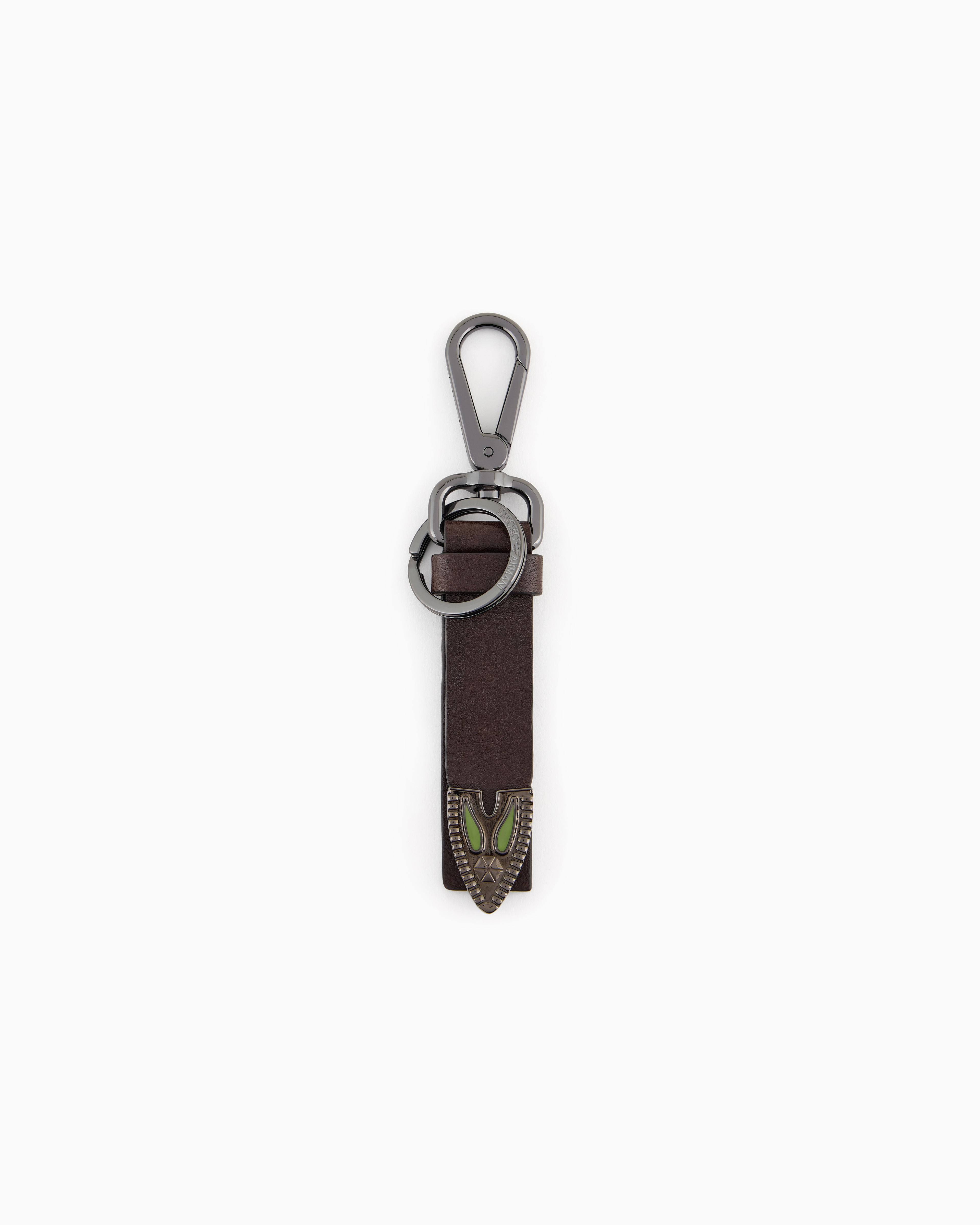Emporio Armani - Leather keyring with metal detail, Man, Brown, Size: TU