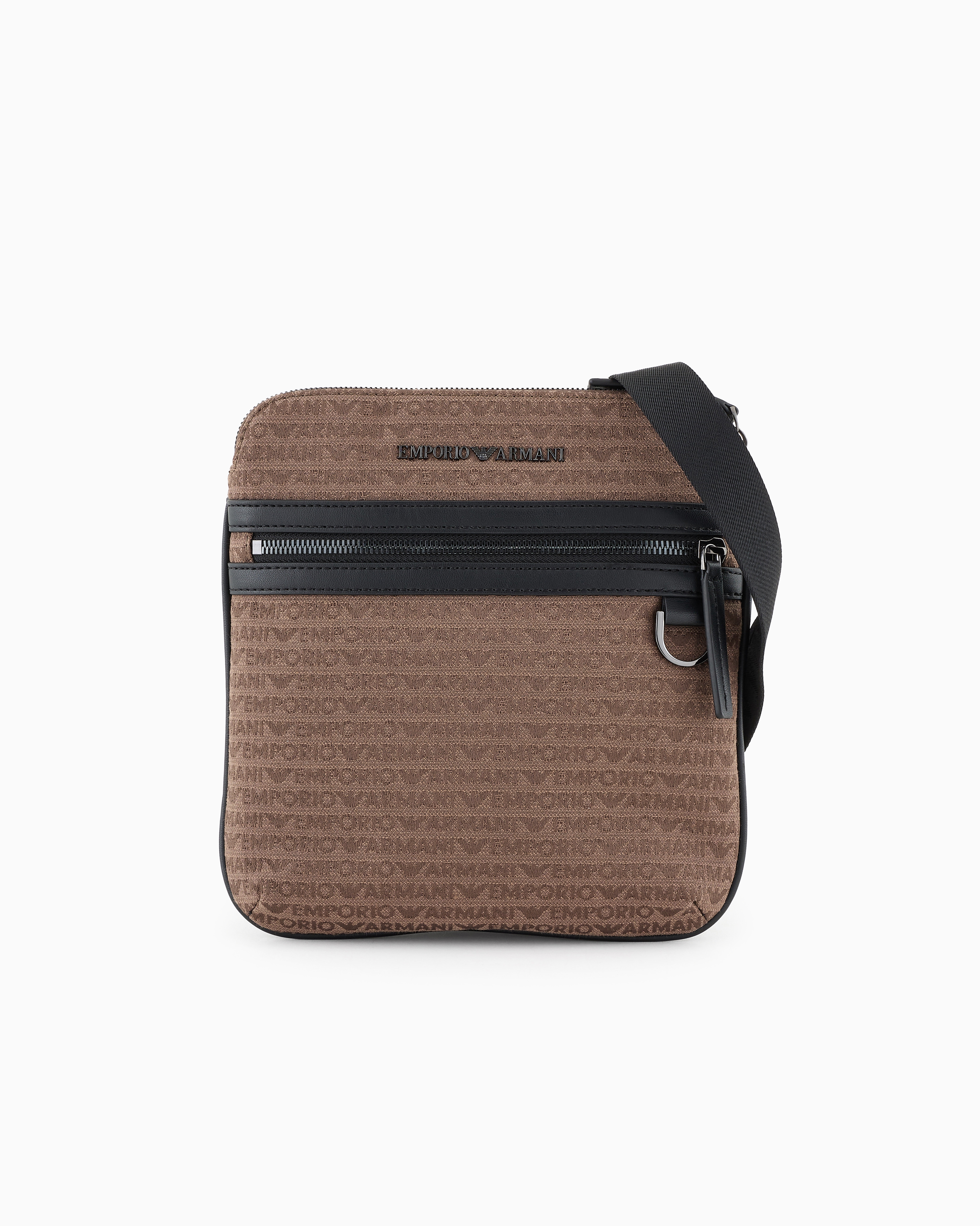Emporio Armani - Flat shoulder bag in jacquard with all-over lettering, Man, Beige, Size: TU