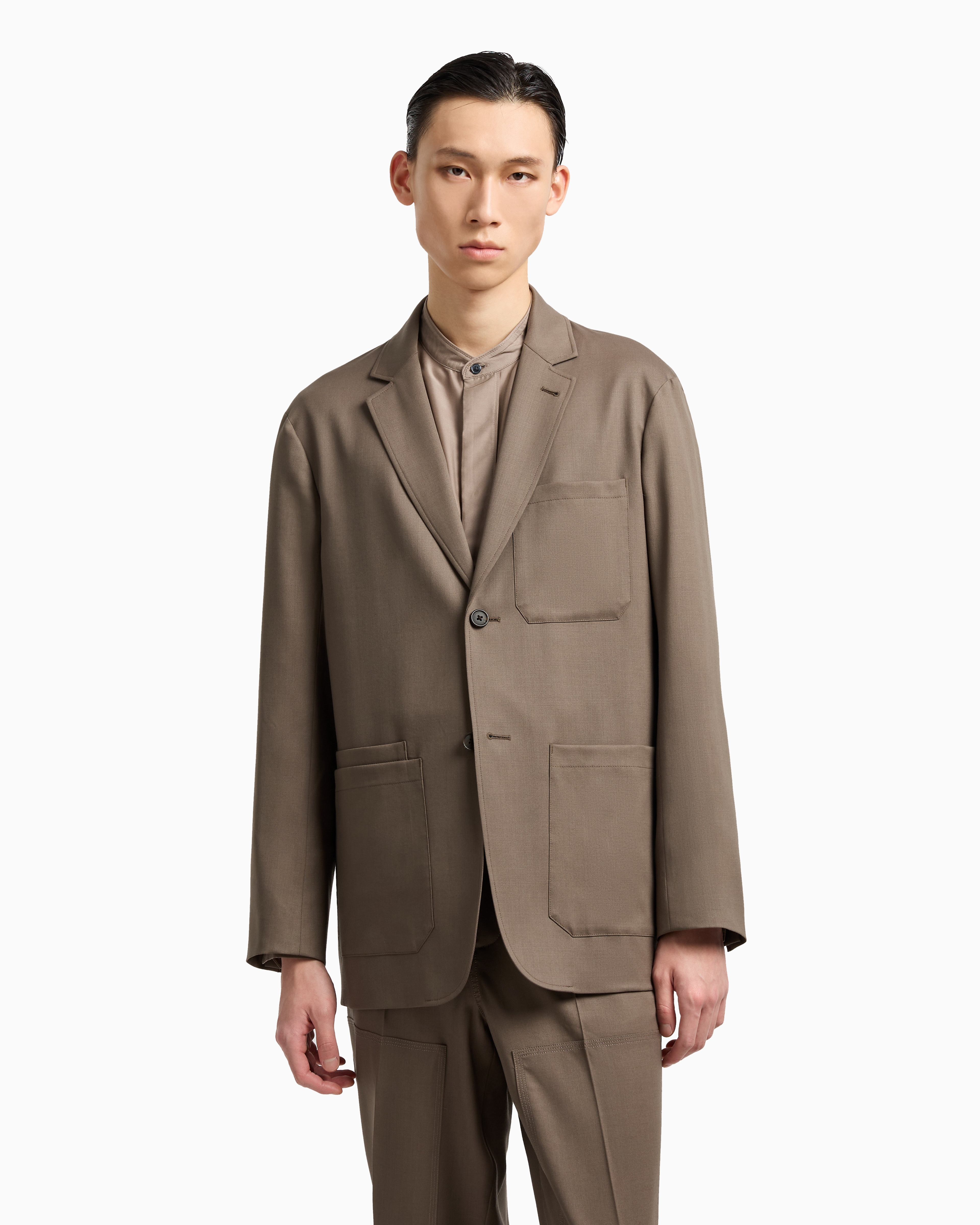 Emporio Armani - Virgin-wool twill single-breasted blazer, Man, Beige, Size: