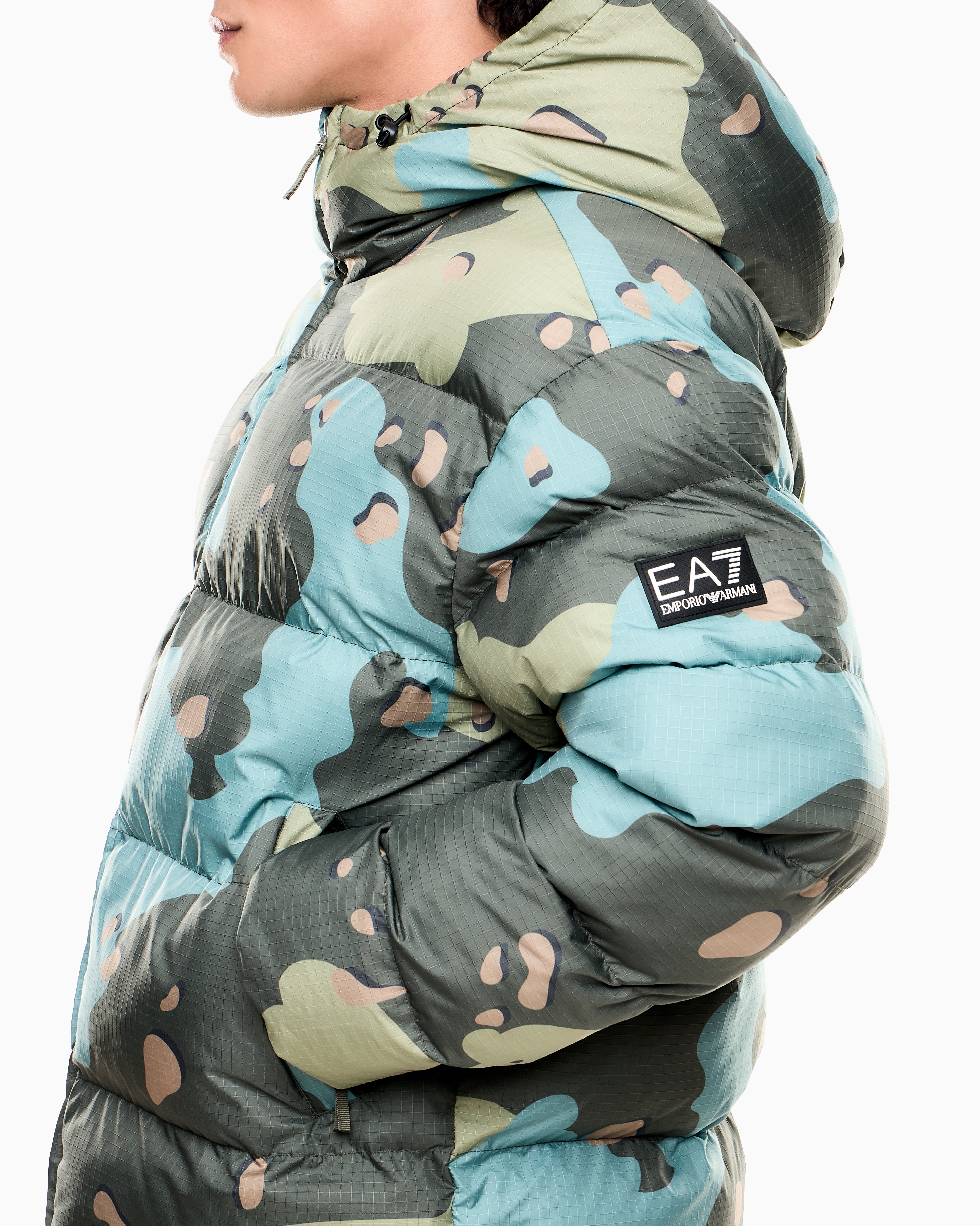 Ea7 Iridescent Nylon Padded Jacket With Hood In Multi