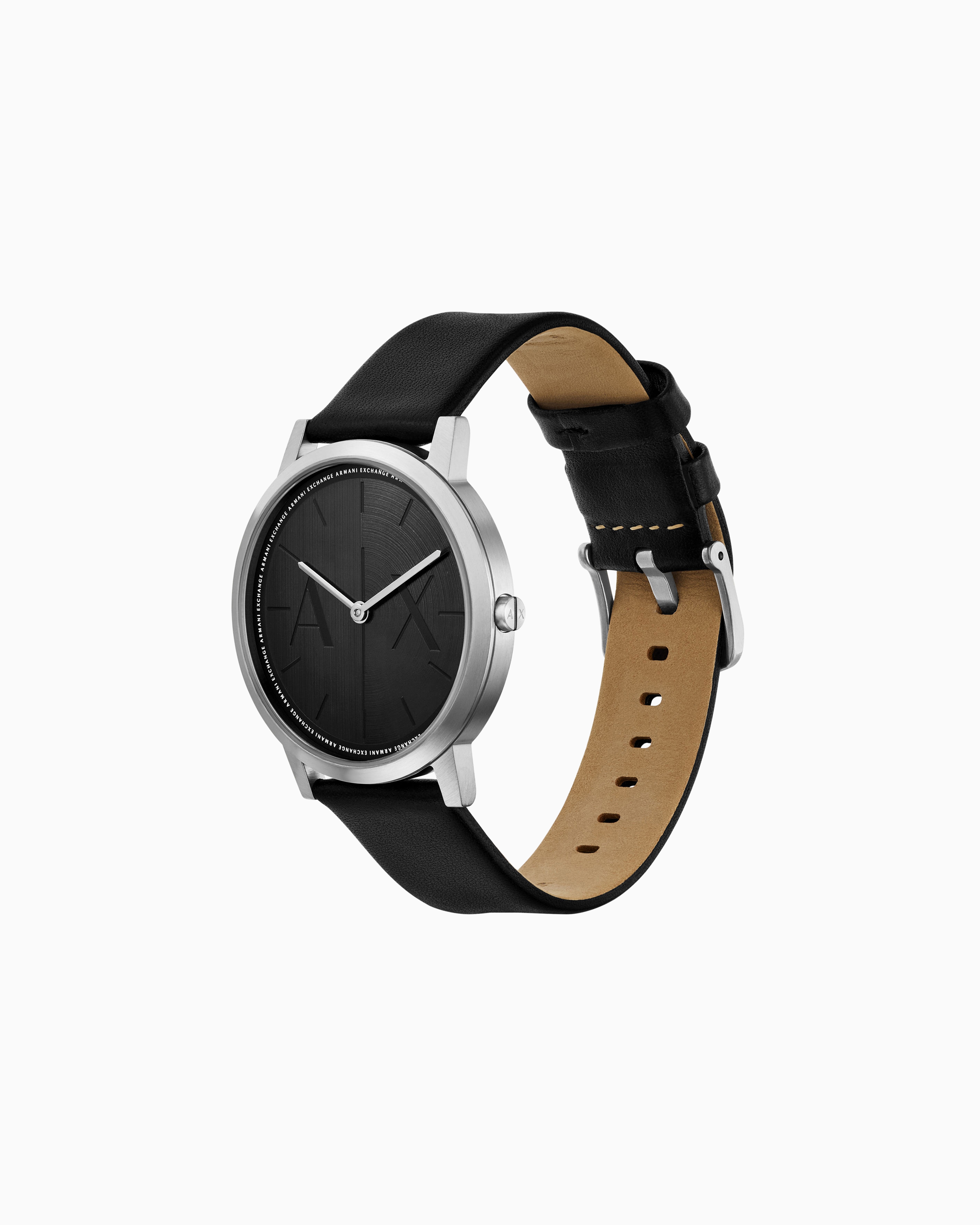 Armani Exchange Two-hand Black Leather Watch And Denim Strap Set In Multicolored