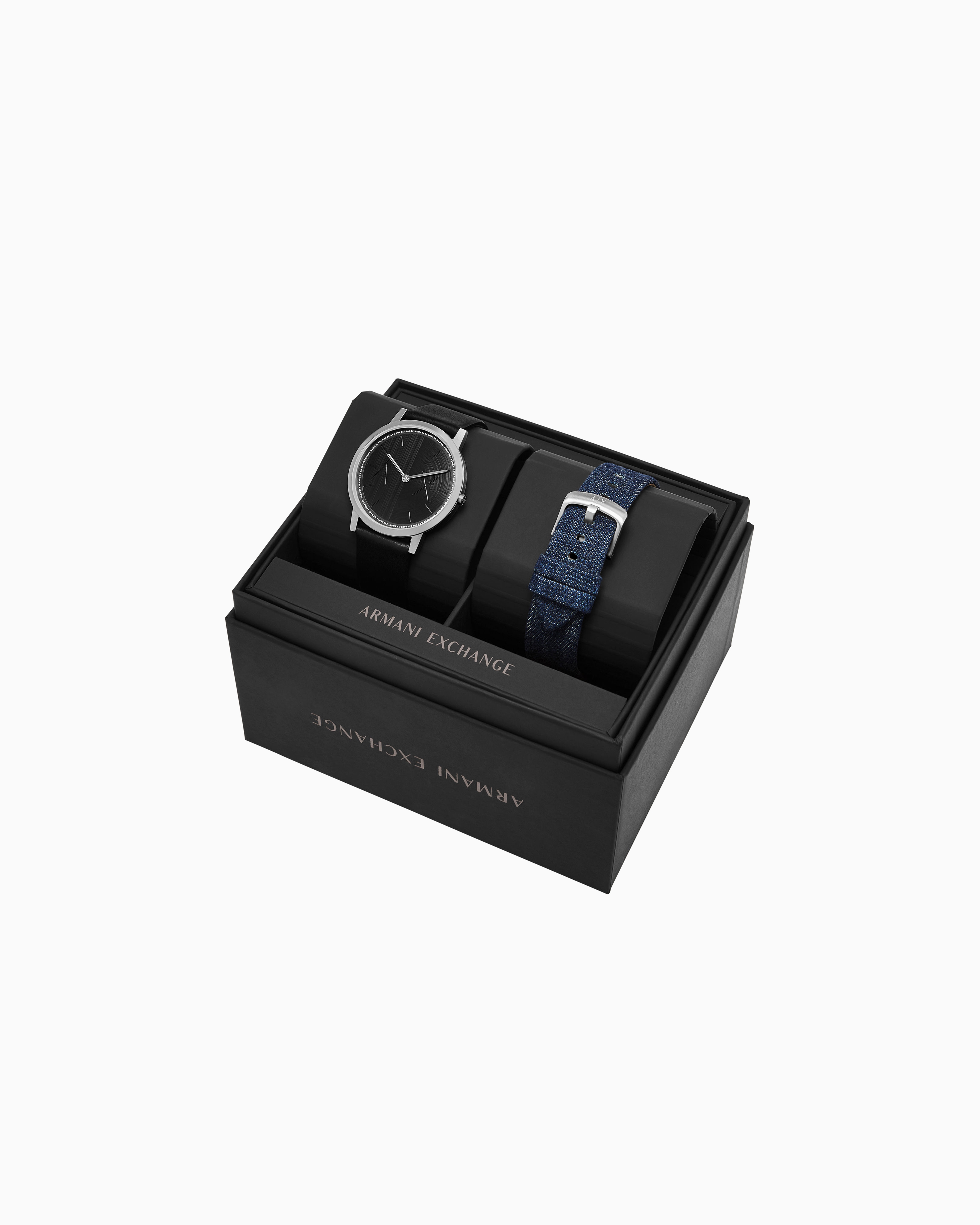 Armani Exchange Two-hand Black Leather Watch And Denim Strap Set In Multicolored