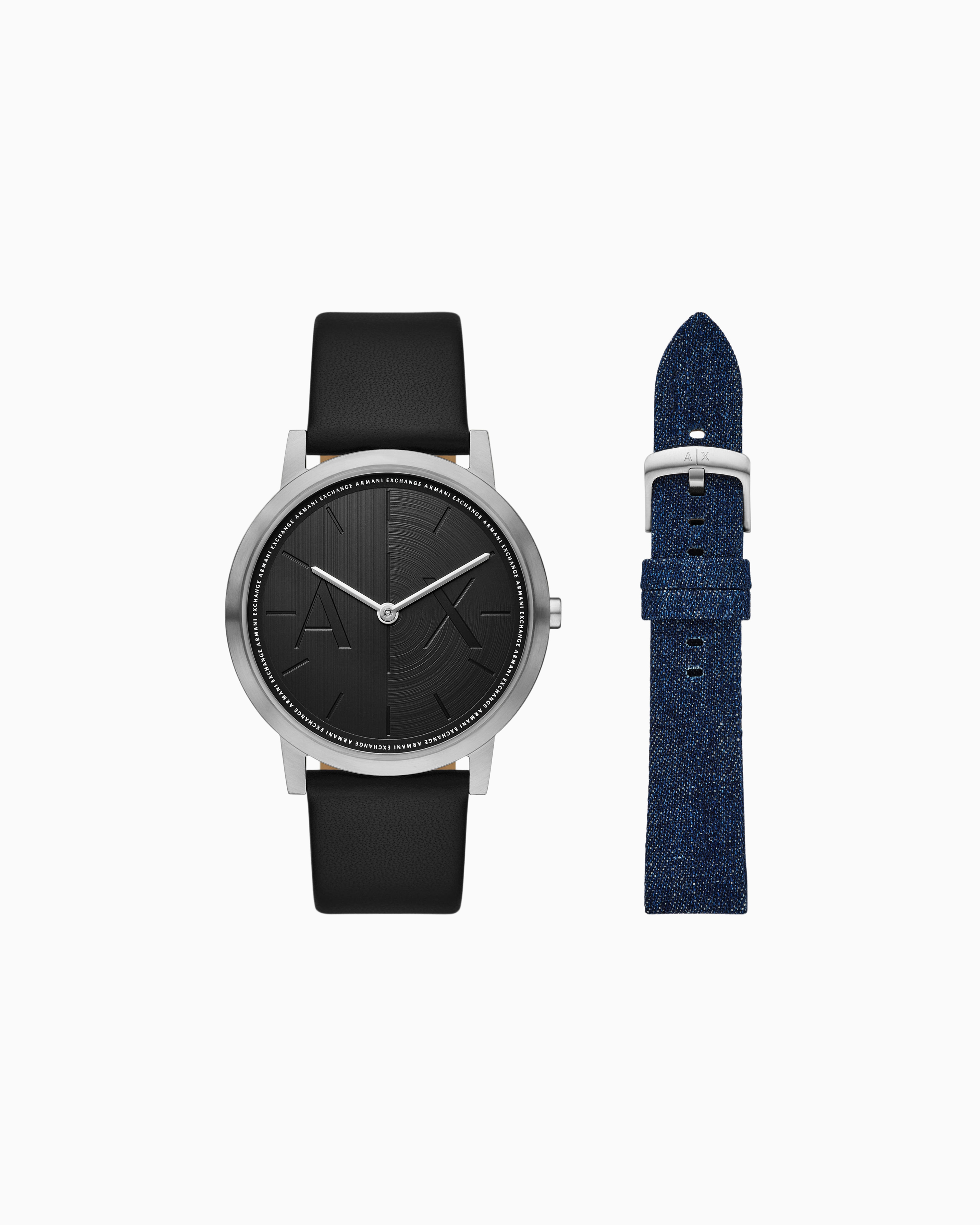 Armani Exchange Two-hand Black Leather Watch And Denim Strap Set In Multicolored