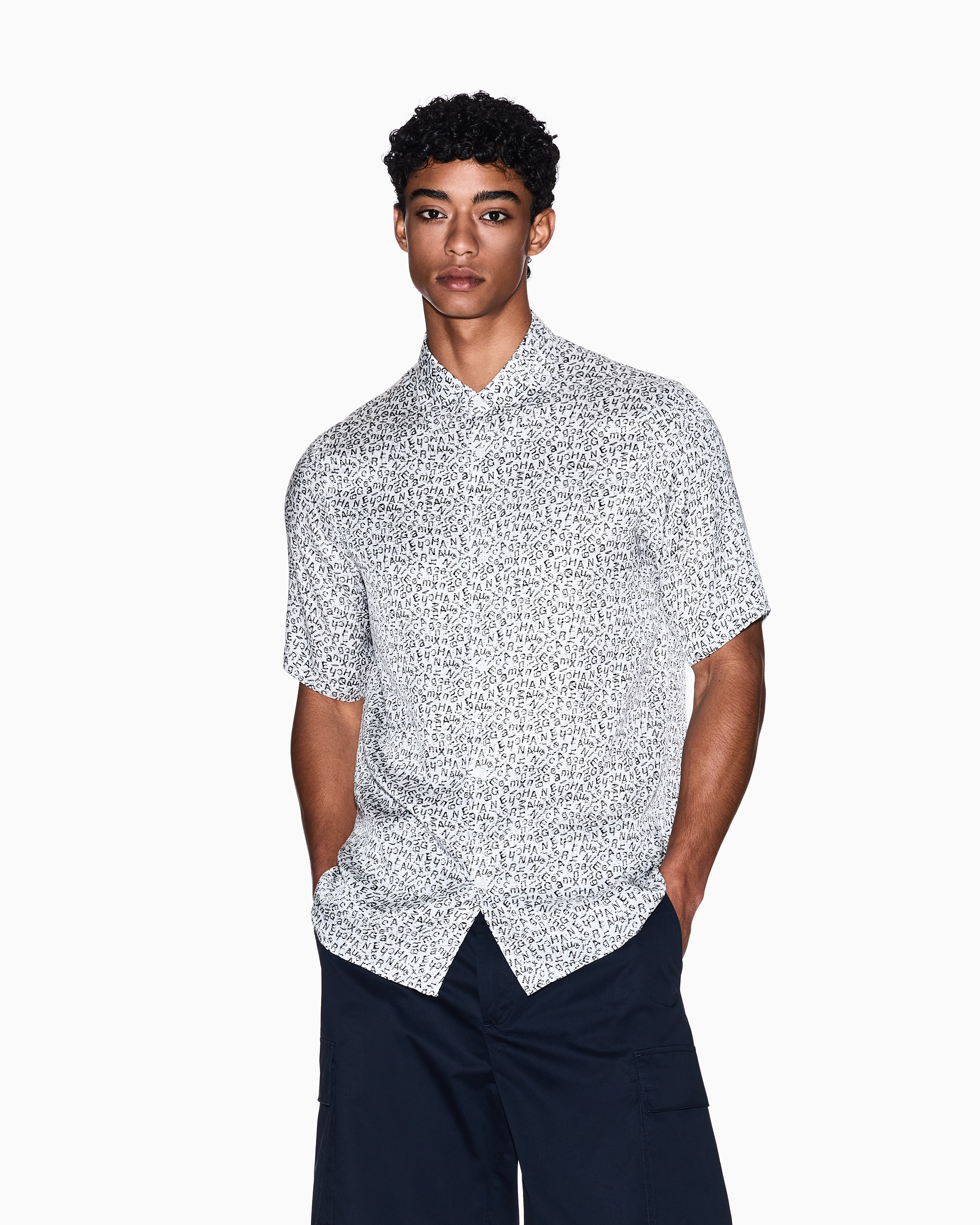 Armani Exchange All-over Print Short-sleeved Shirt In Gray