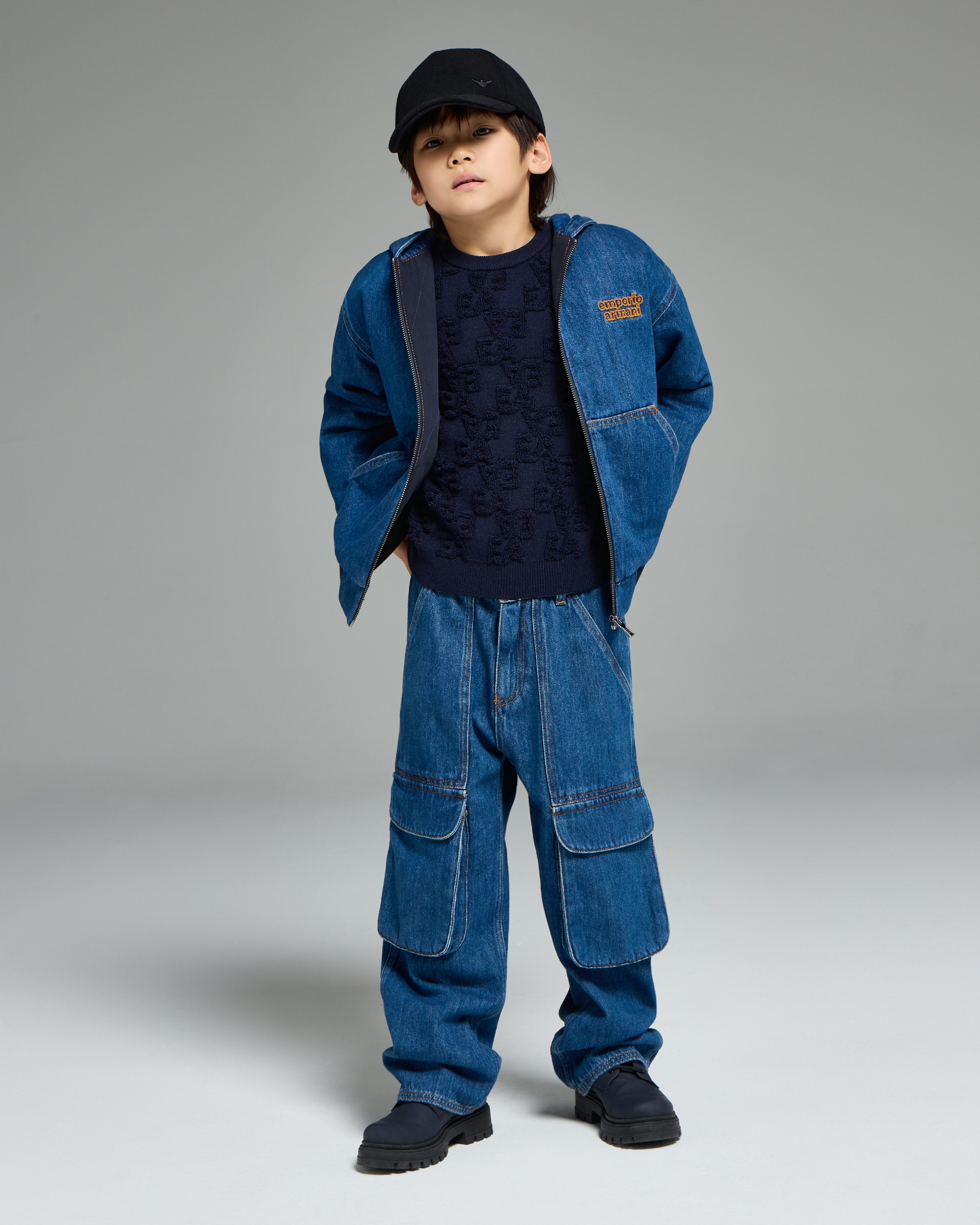 【EMPORIO ARMANI】 Men's Mini Logo Denim Hoodie: ★ Blue Emporio Armani Denim Logo Hoodie | Harrods US