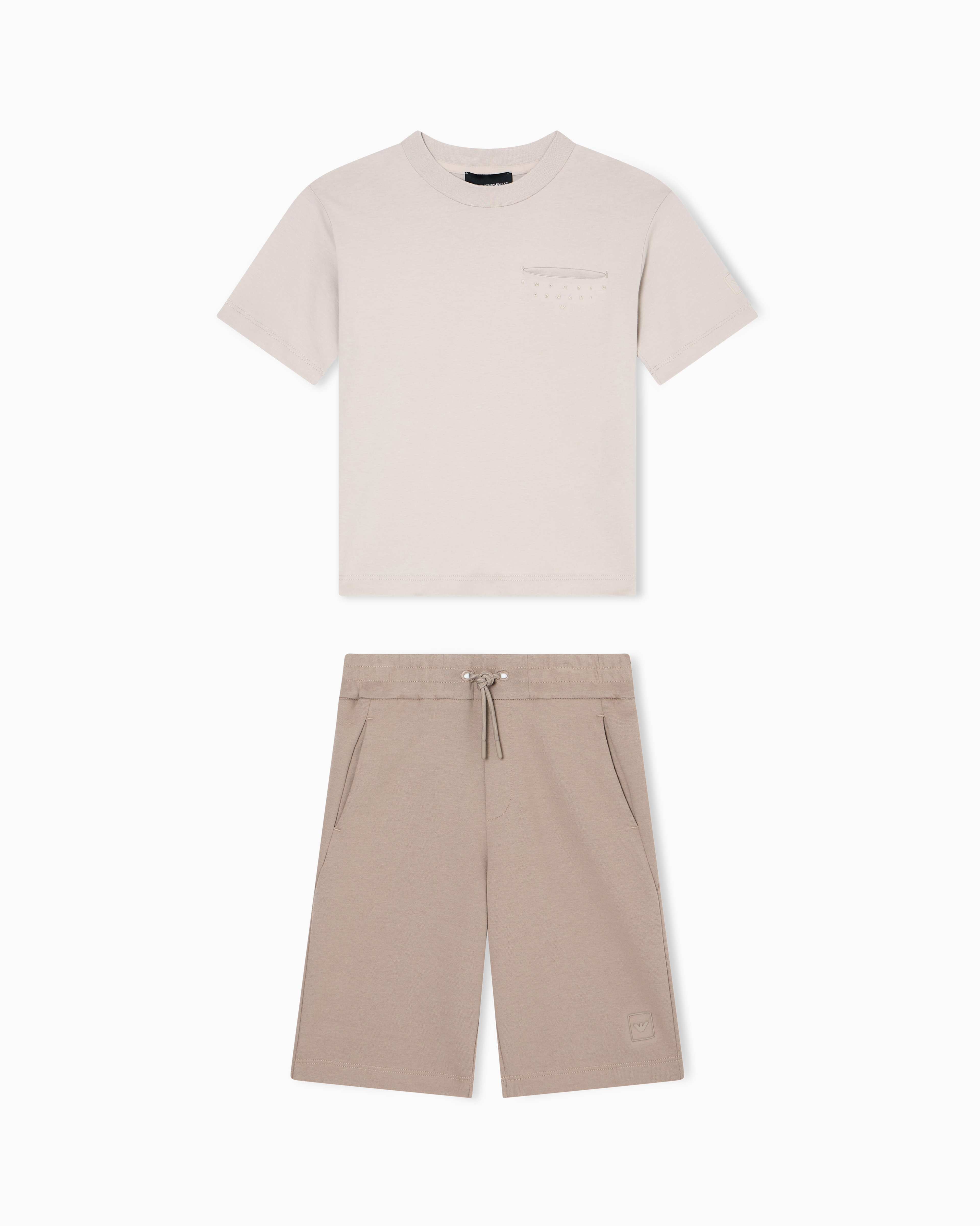Emporio Armani - T-shirt and Bermuda shorts set in interlock jersey, Boy, Beige, Size: 14A