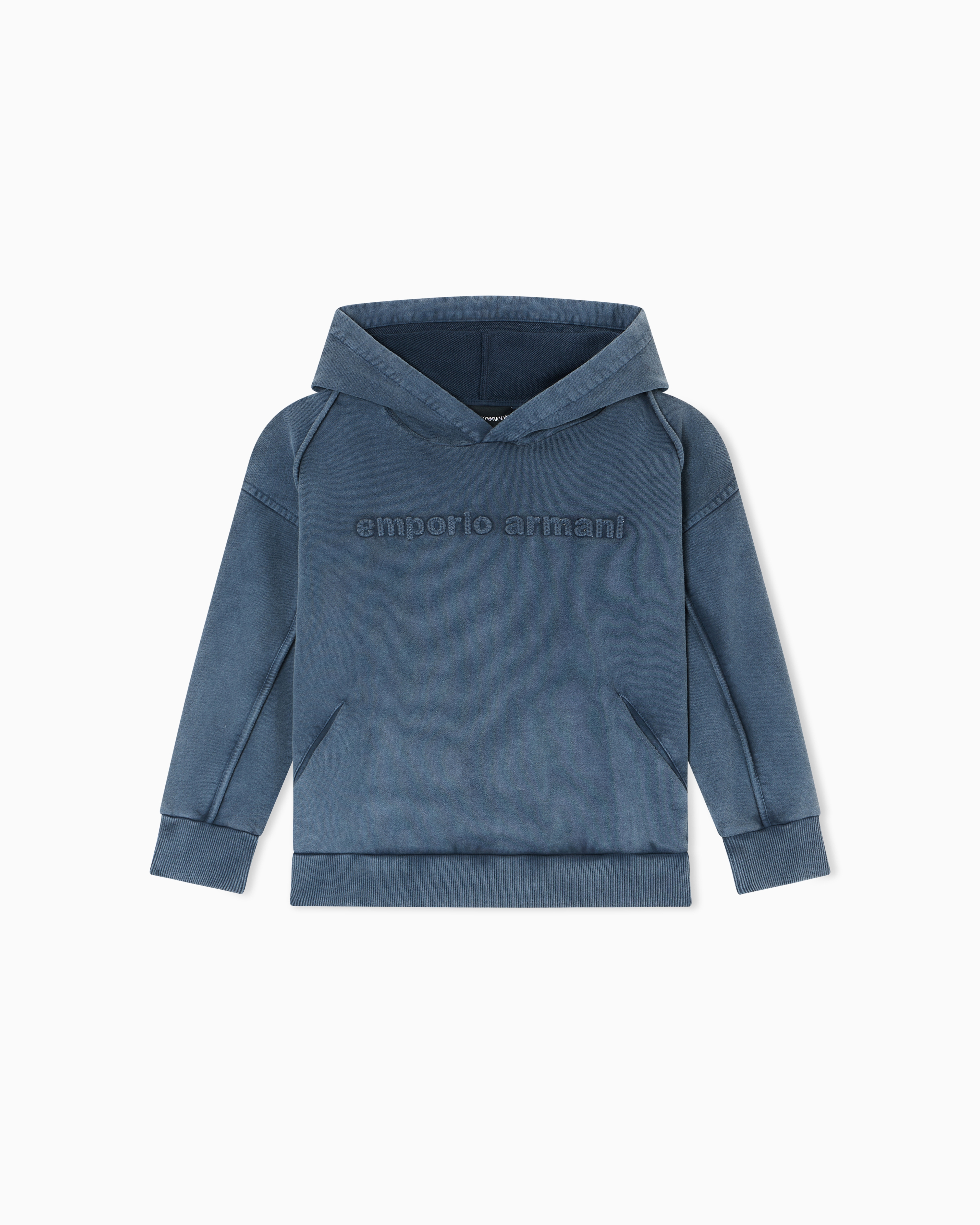 Emporio Armani - Oversized hooded sweatshirt garment-dyed jersey, Boy, Blue, Size: