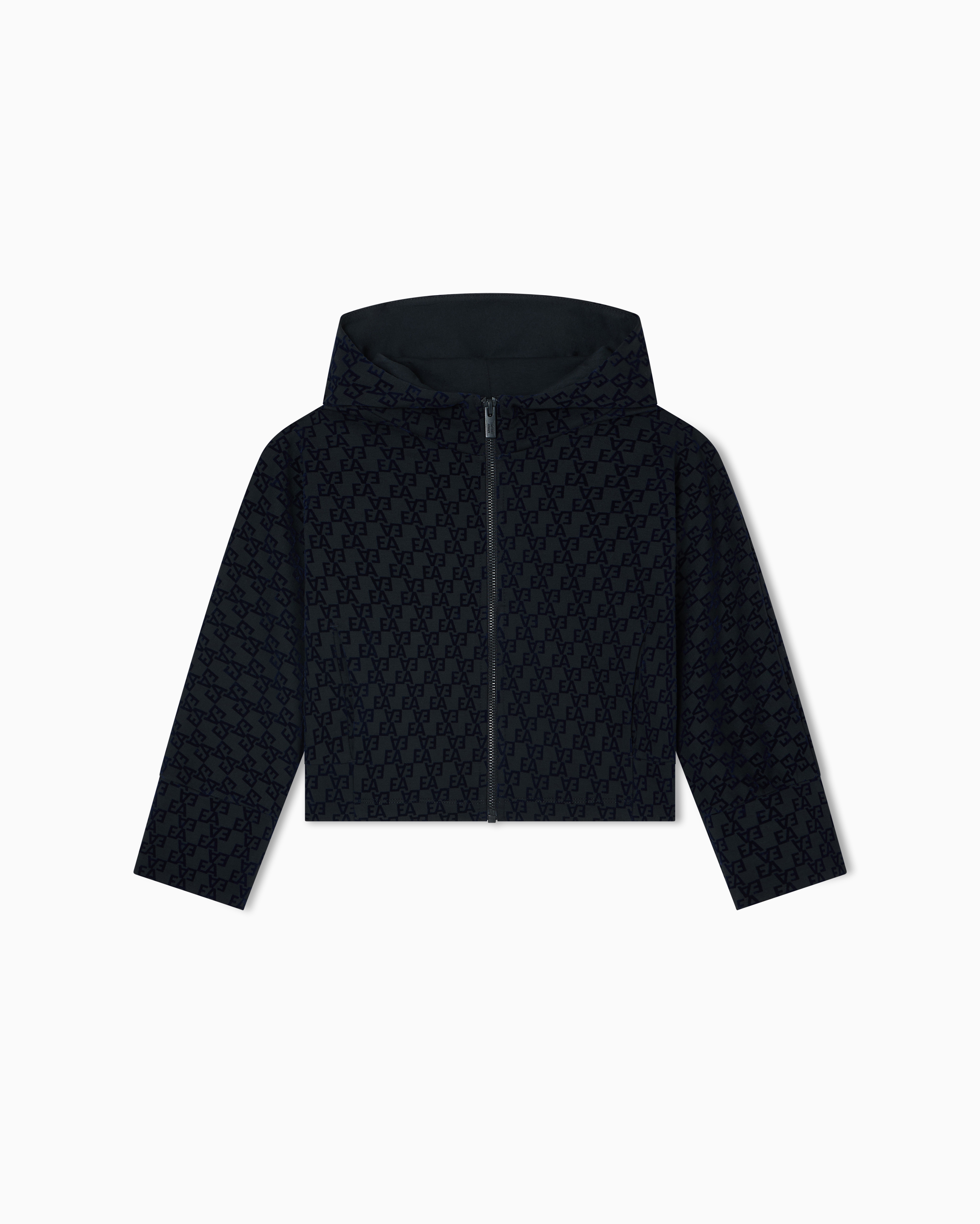 Emporio Armani - Hooded, zip-up sweatshirt interlock jersey with all-over flocked EA logo, Girl, Navy Blue, Size: