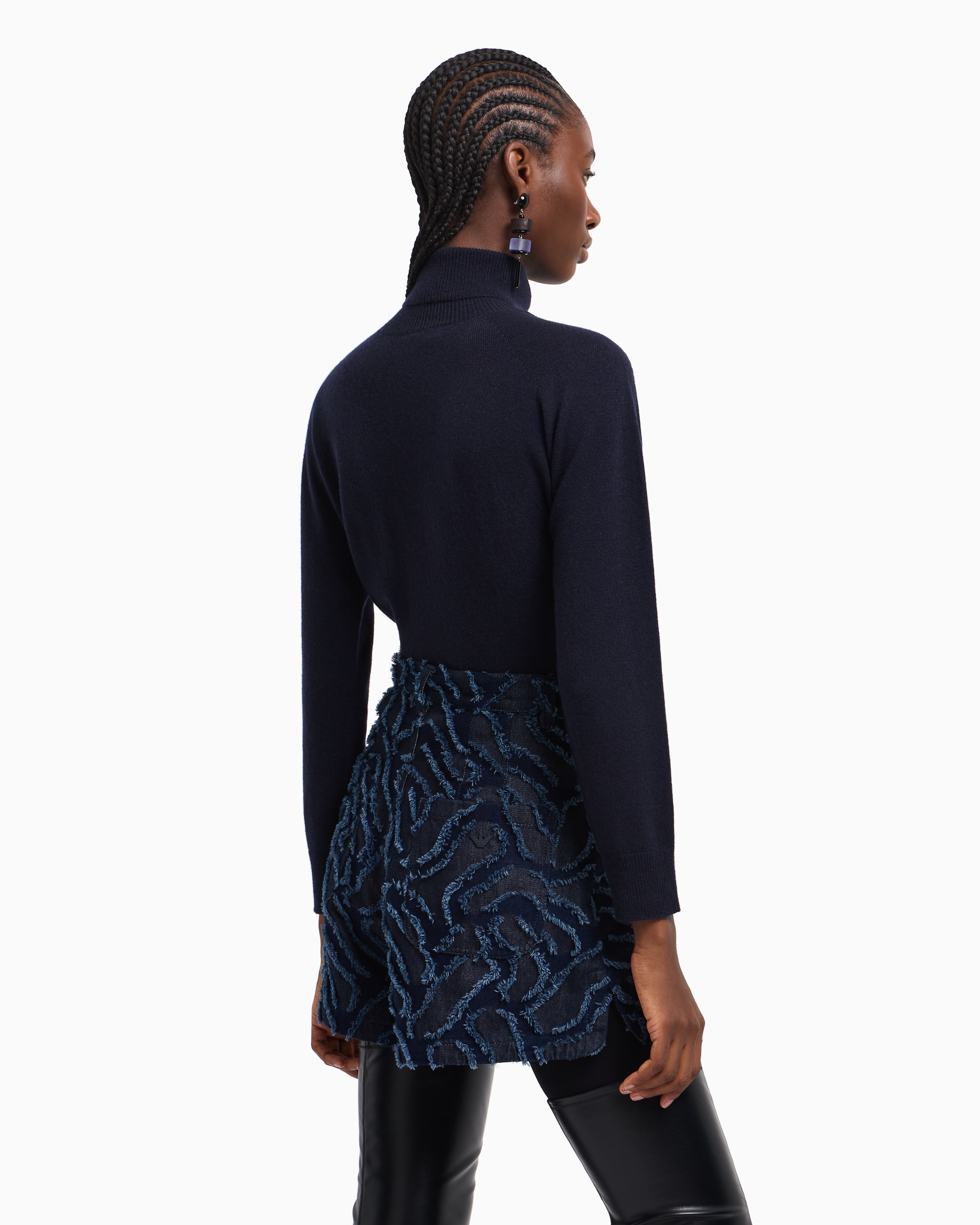 Emporio Armani Fringed Embossed Jacquard Denim Shorts In Blue
