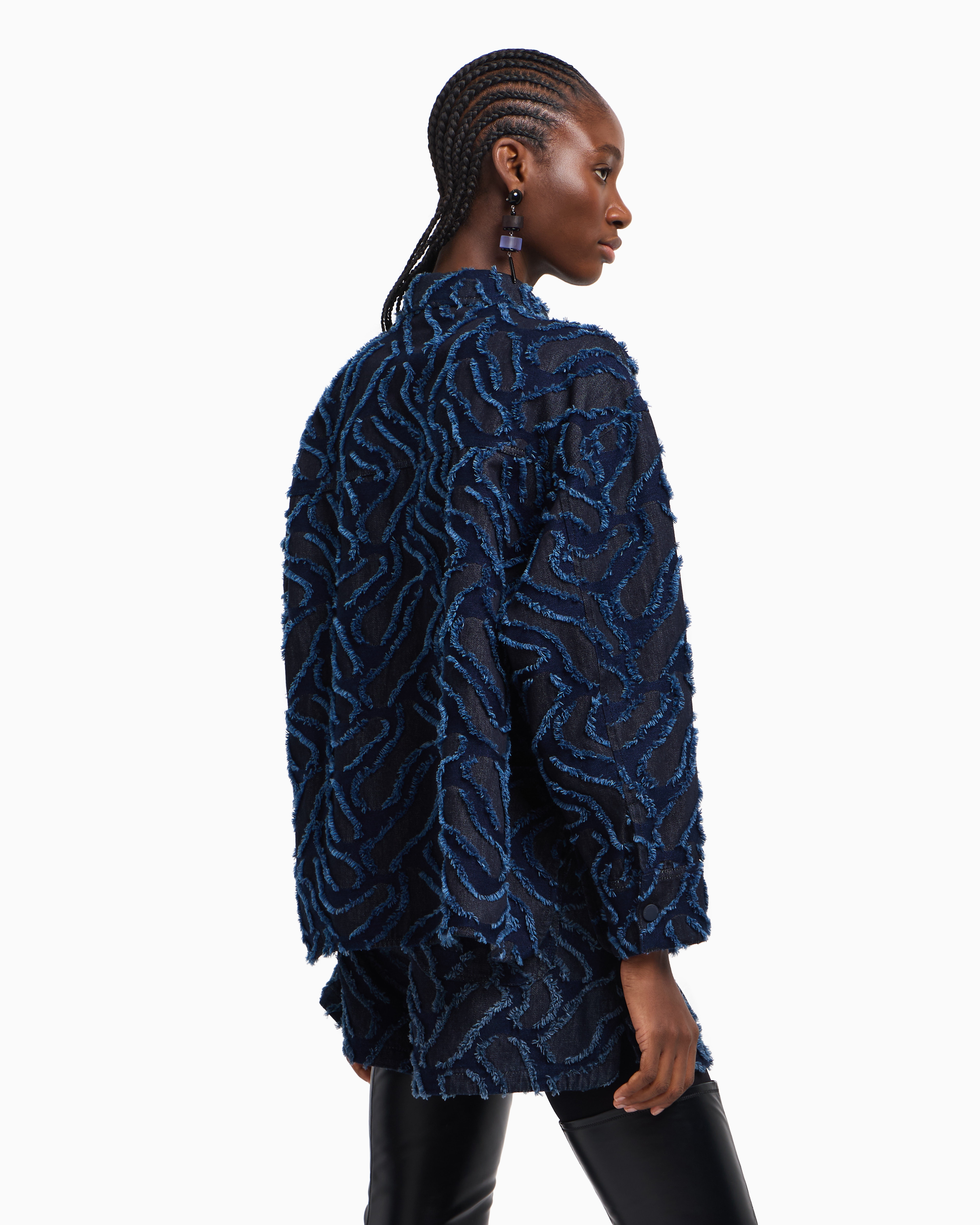 Emporio Armani Fringed Embossed-motif Jacquard Denim Shirt Jacket In Blue