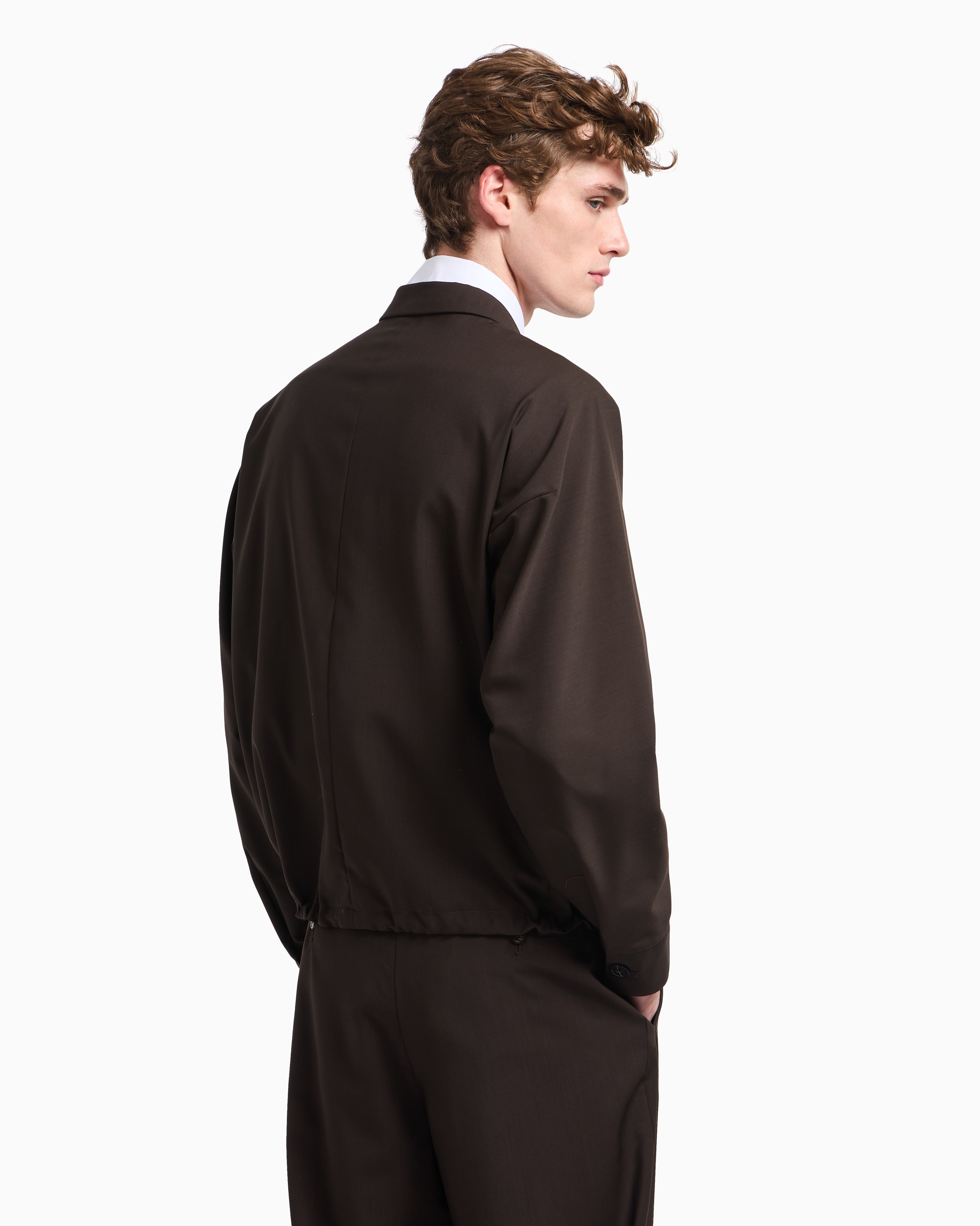 Emporio Armani Veste Chemise Zippée En Toile De Laine Froide Tropicale In Brown