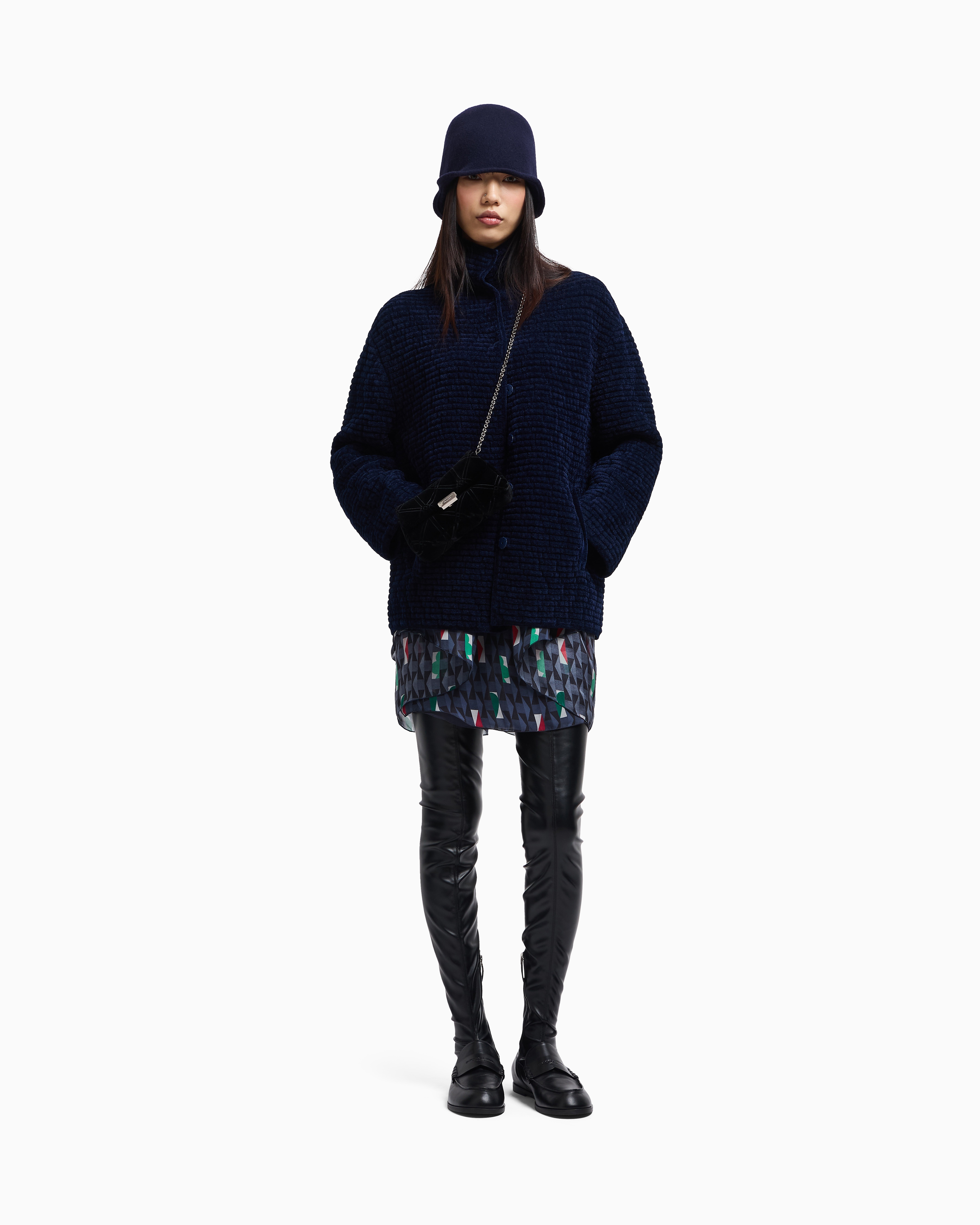 Emporio Armani Embossed Jacquard Bonded Terry-effect Chenille Jacket In Blue