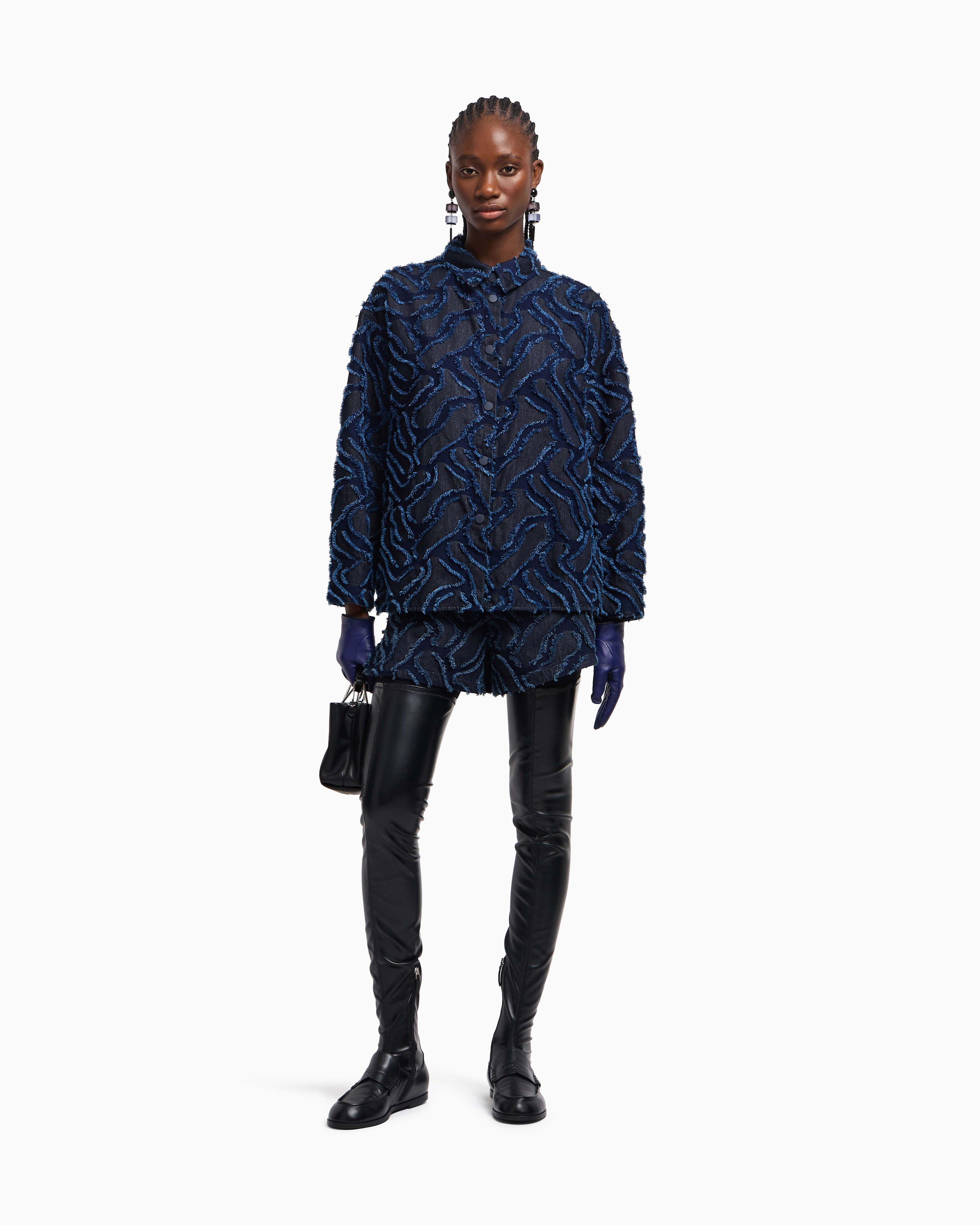 Emporio Armani Fringed Embossed-motif Jacquard Denim Shirt Jacket In Blue