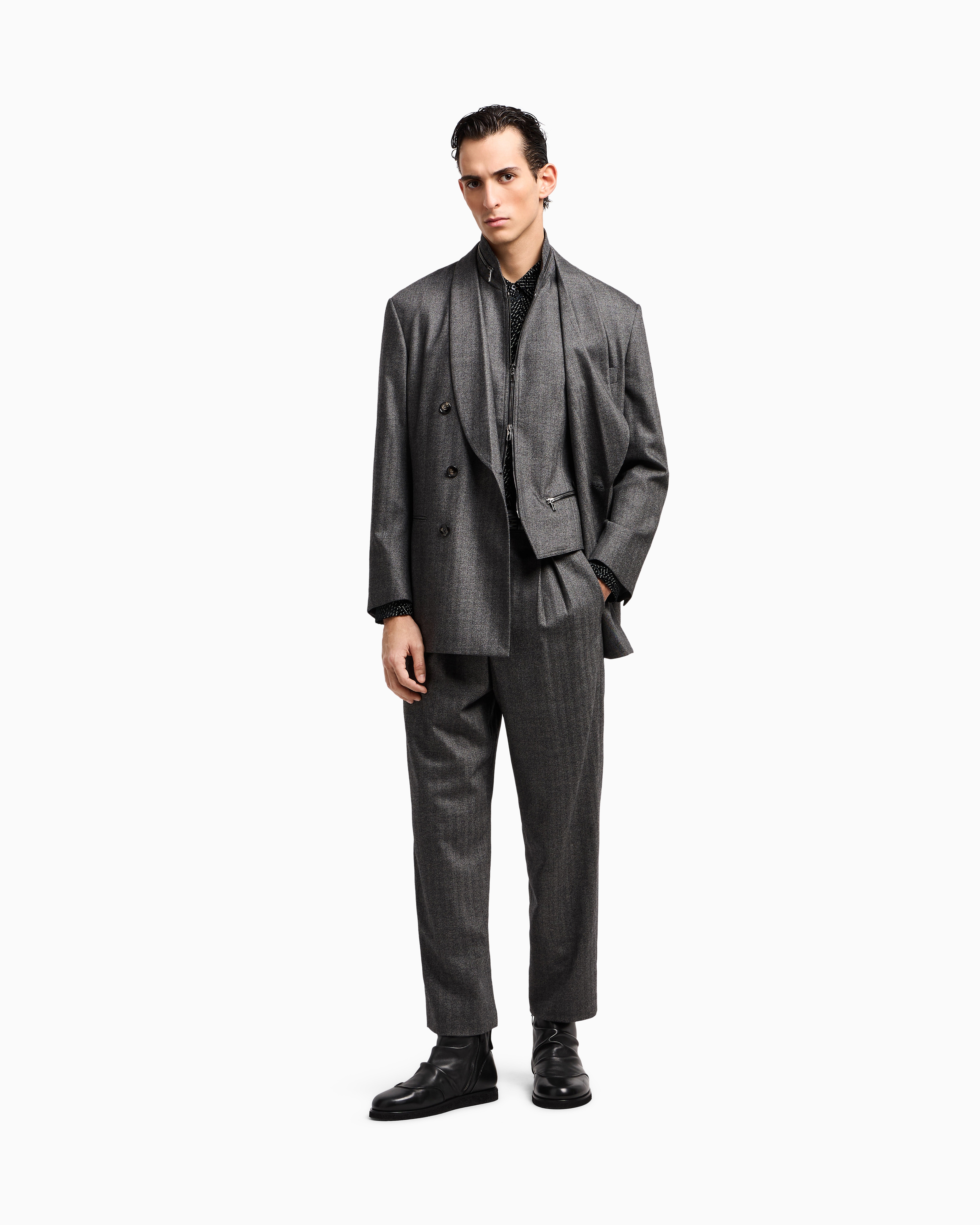 Giorgio Armani Zip-up Gilet In Chevron Virgin Wool And Cashmere In Gray