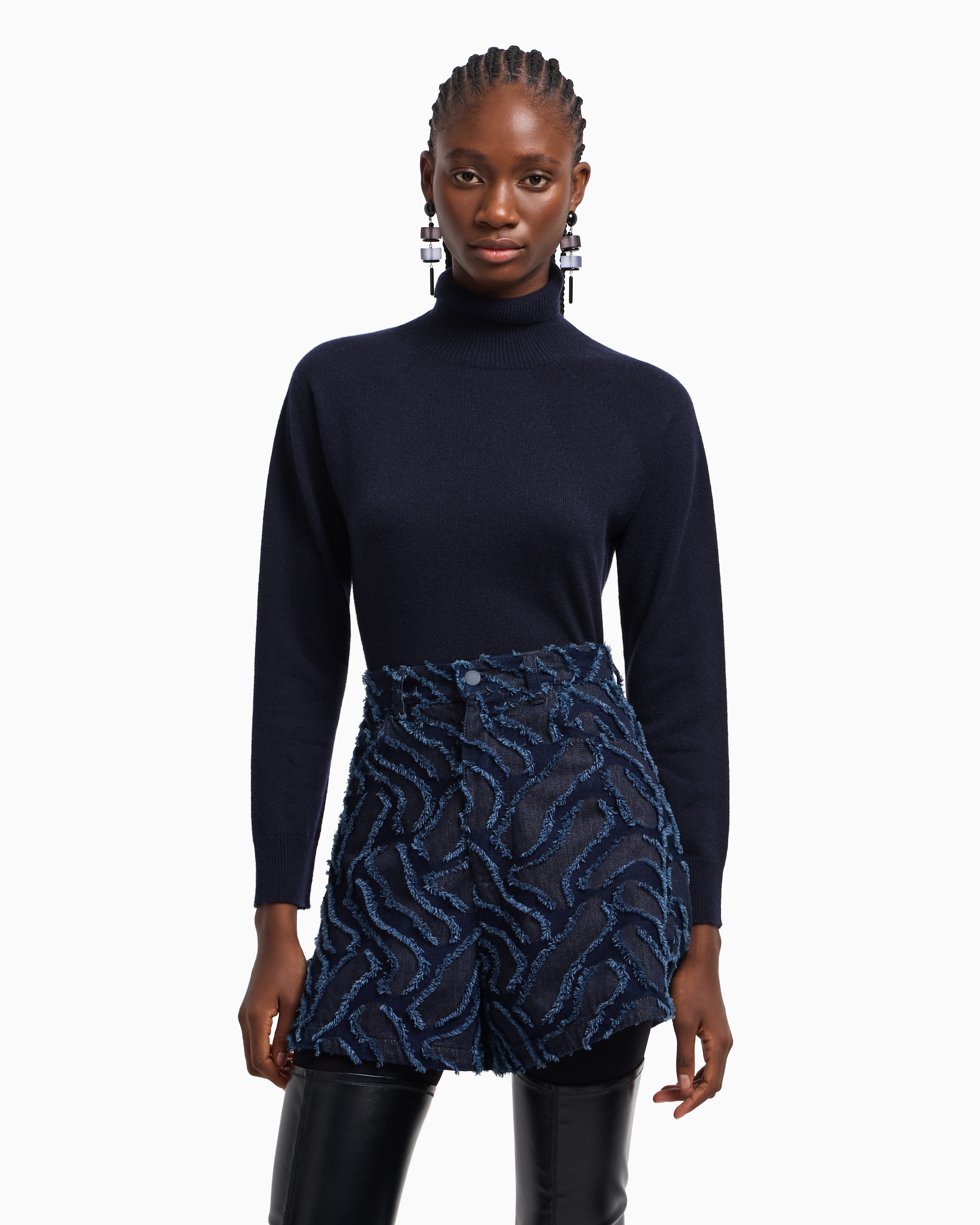 Emporio Armani Fringed Embossed Jacquard Denim Shorts In Blue