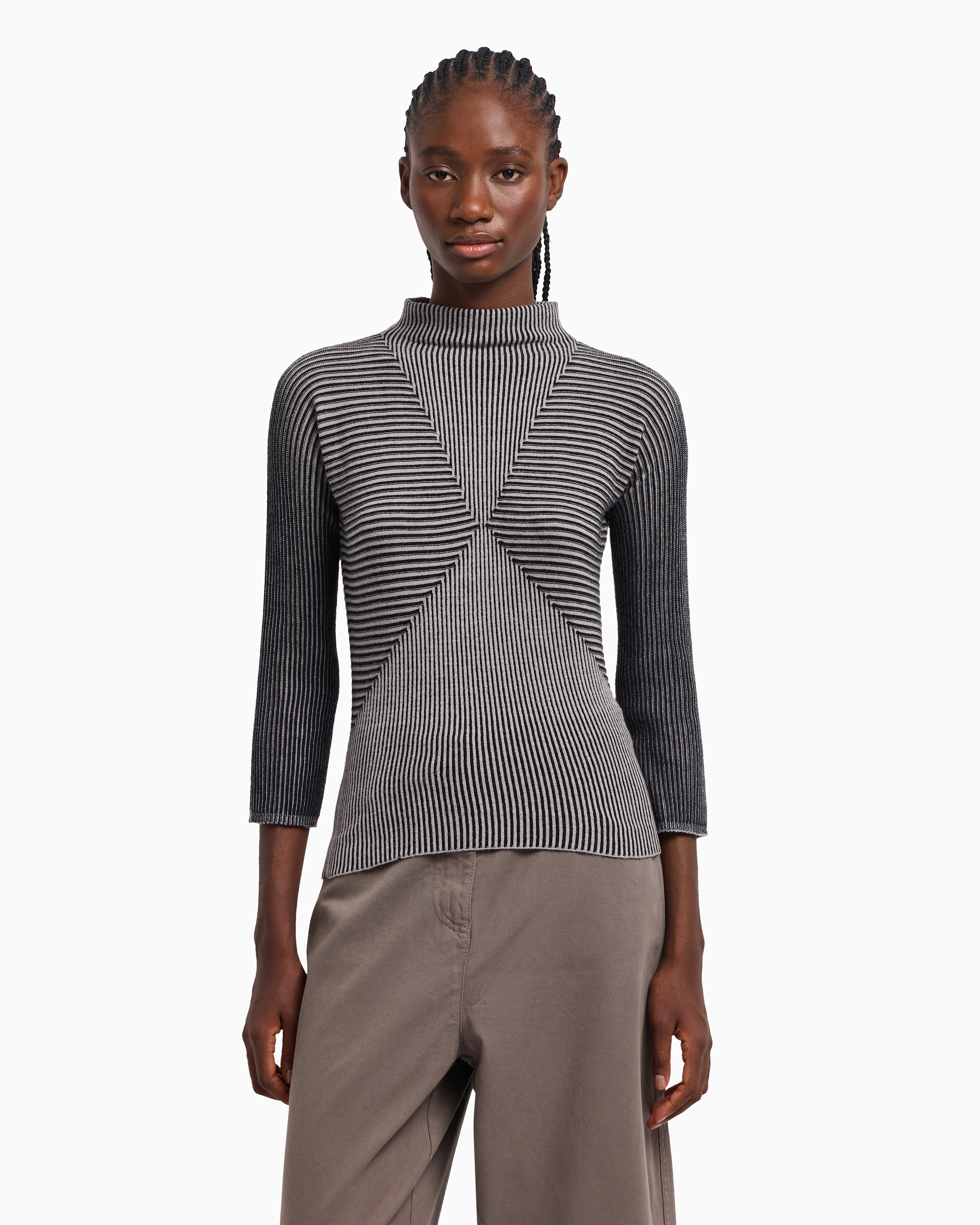Emporio Armani Jumper With Striped Links-stitch Details In Gray