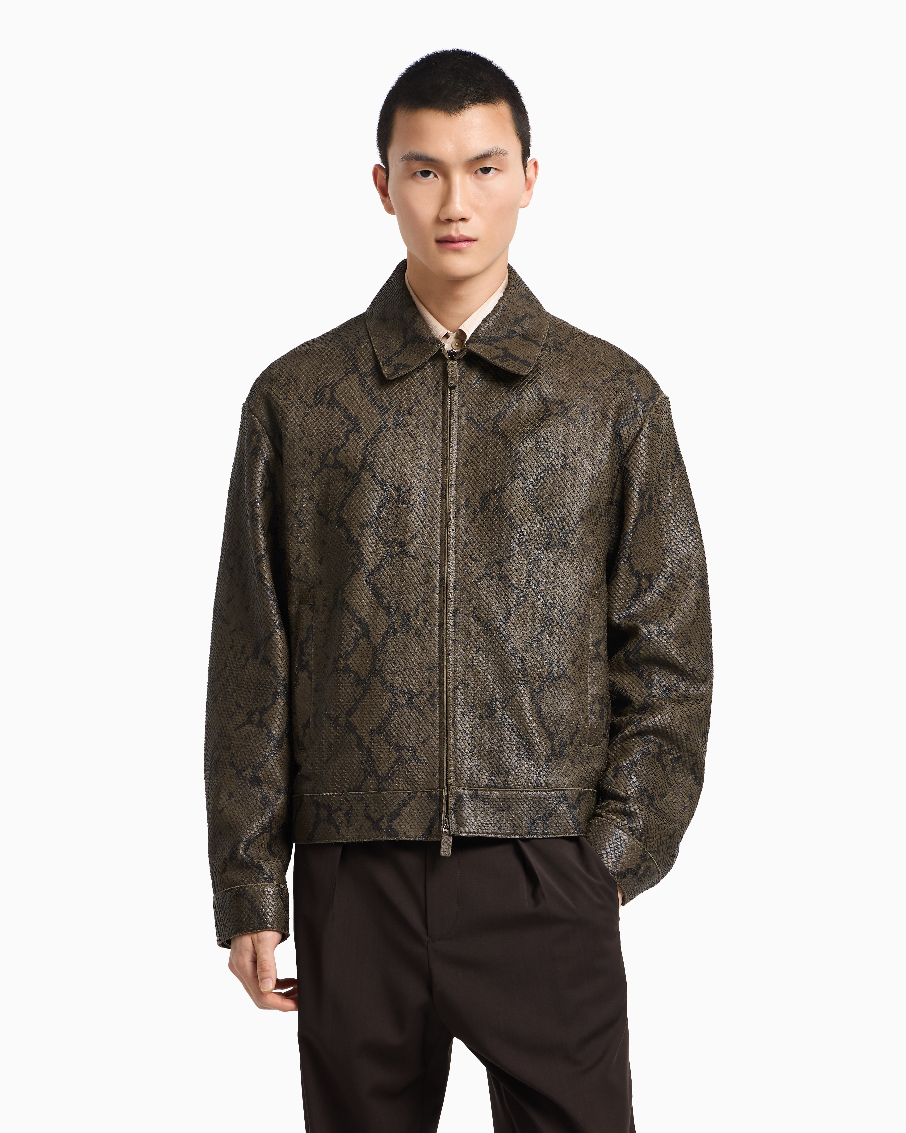 Emporio Armani Lambskin Nappa Leather Blouson In A Python Print In Brown