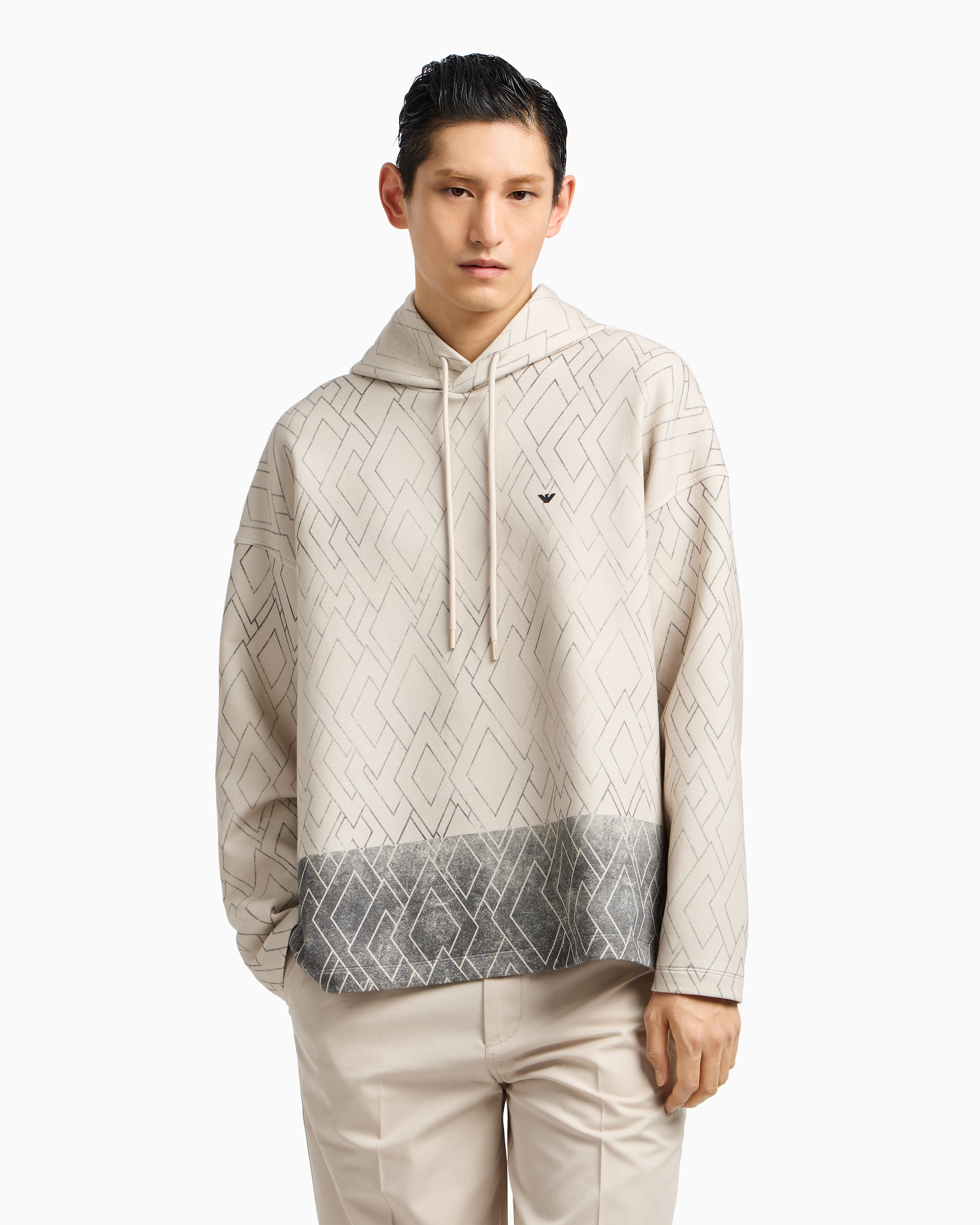 Emporio Armani Asv Sweatshirt In Double Jersey With Hood And All-over Diamond Print In White