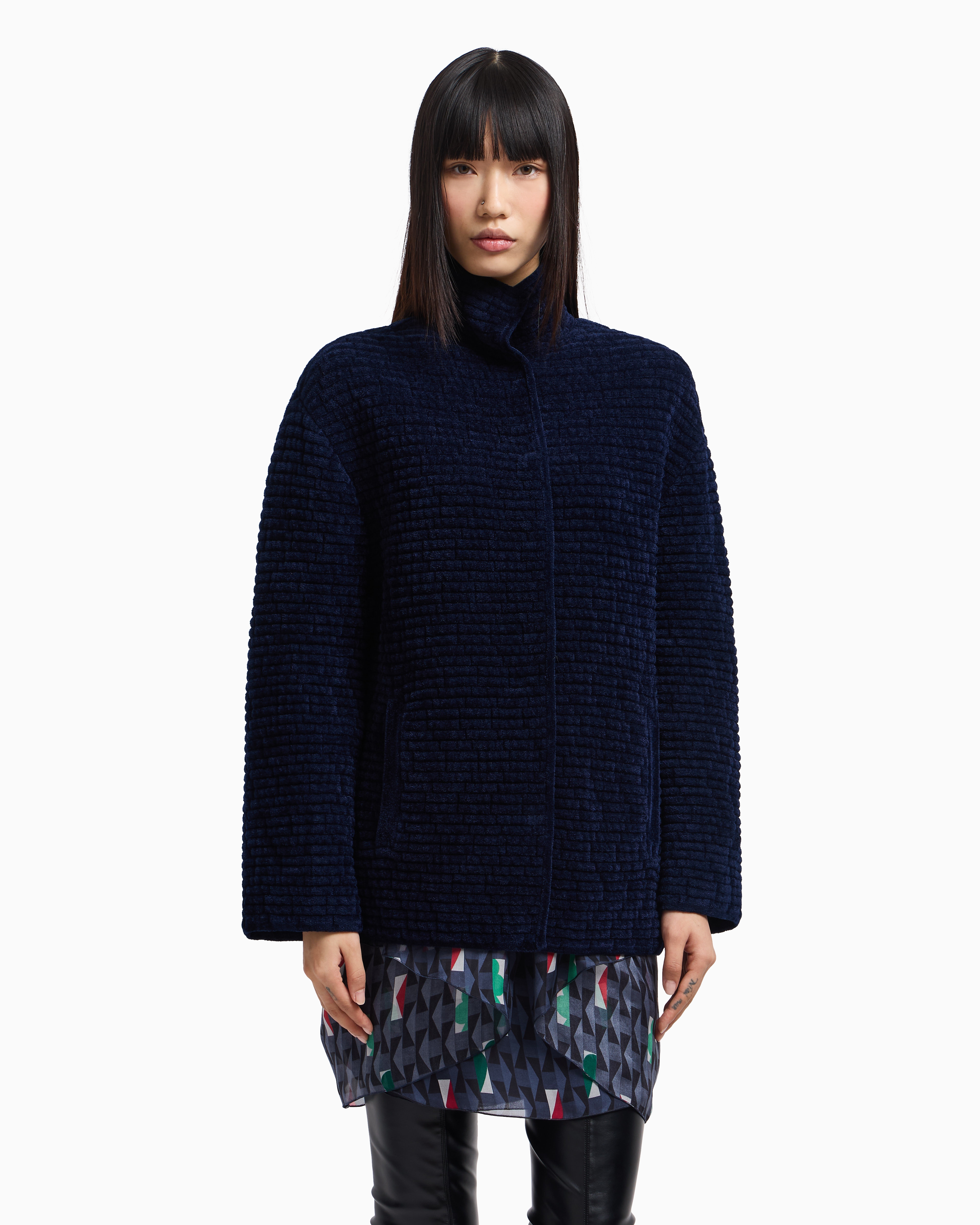 Emporio Armani Embossed Jacquard Bonded Terry-effect Chenille Jacket In Blue