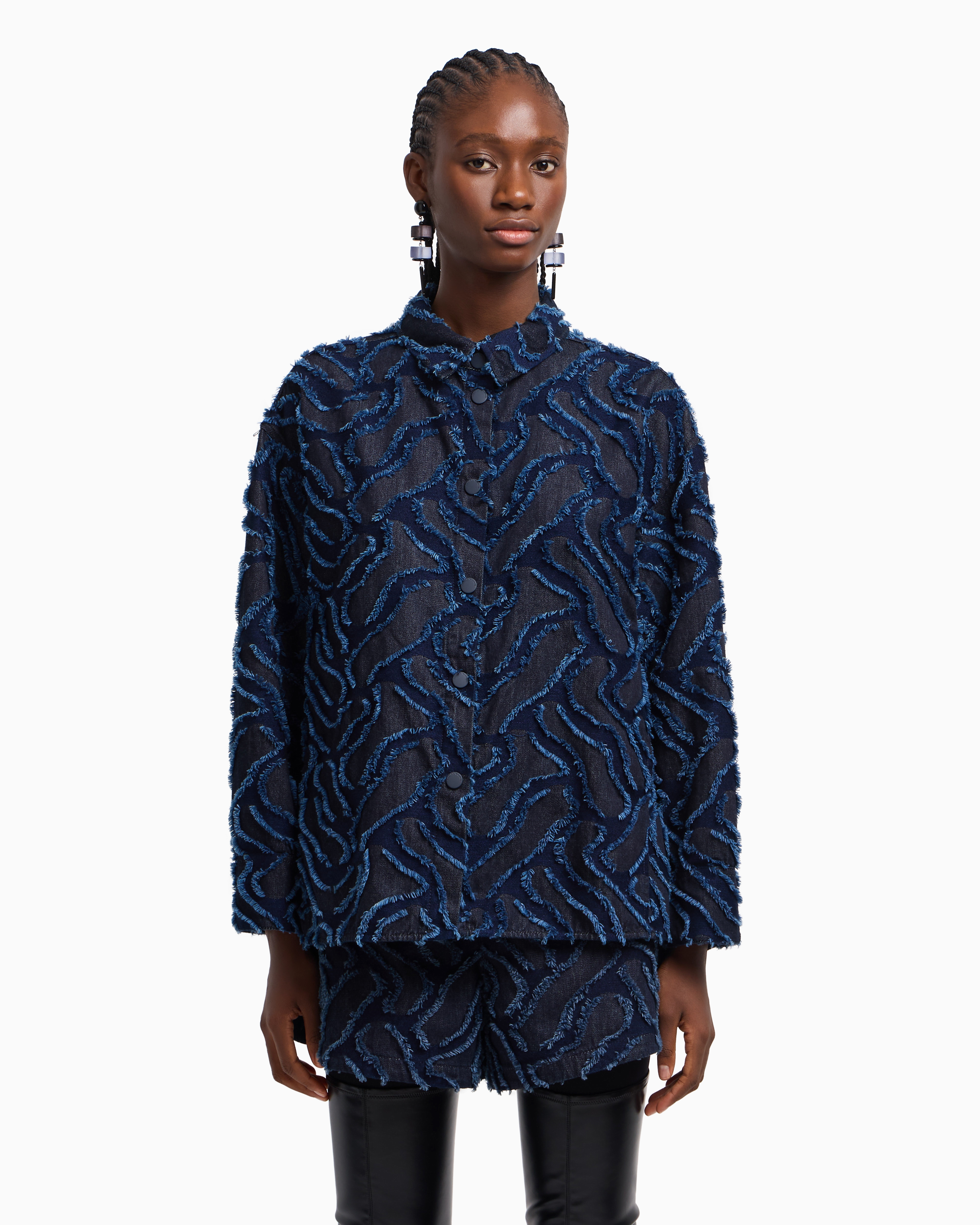Emporio Armani Fringed Embossed-motif Jacquard Denim Shirt Jacket In Blue