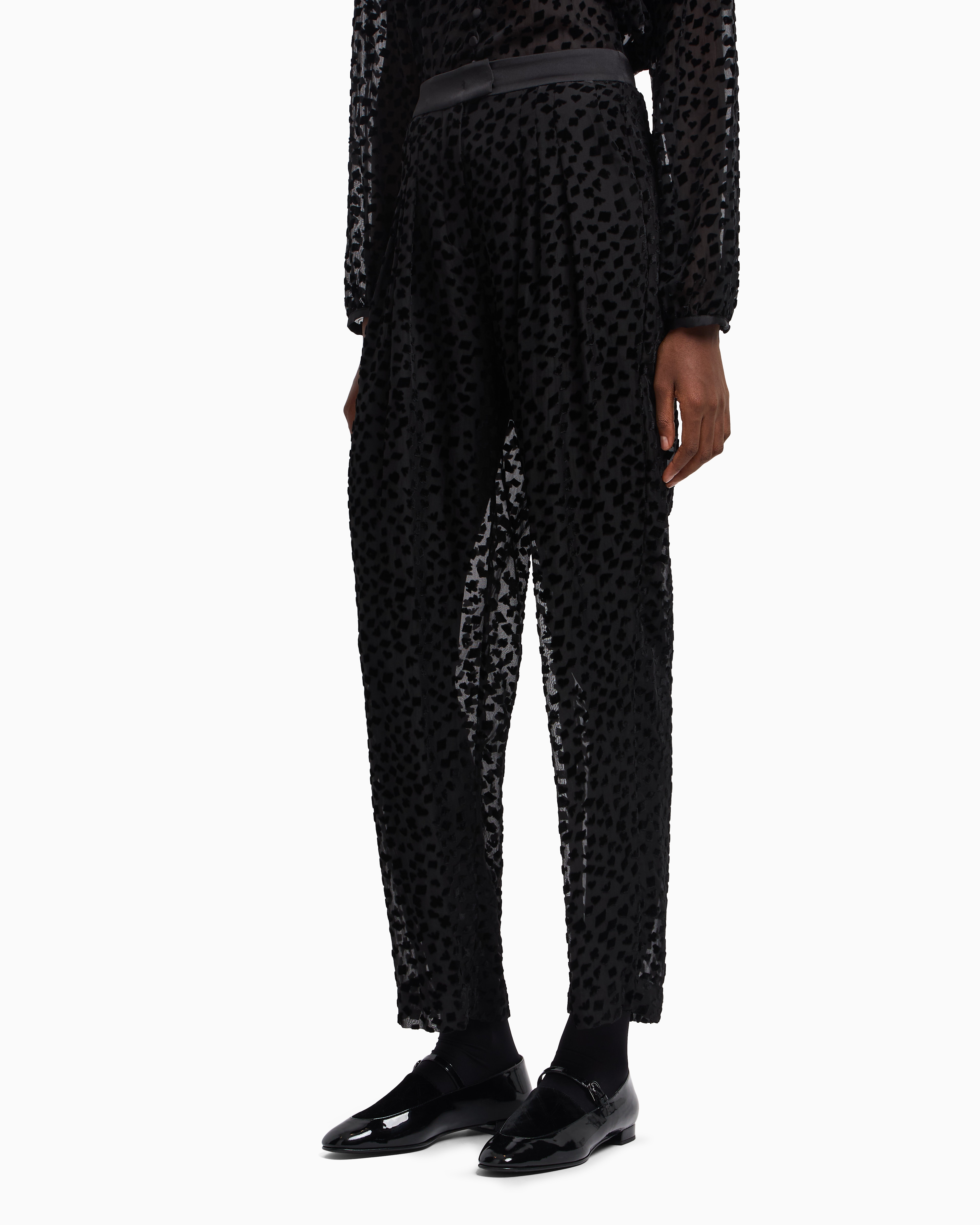 Emporio Armani Asv Jeu De Cartes Devoré Tulle Trousers With Pleats In Brown
