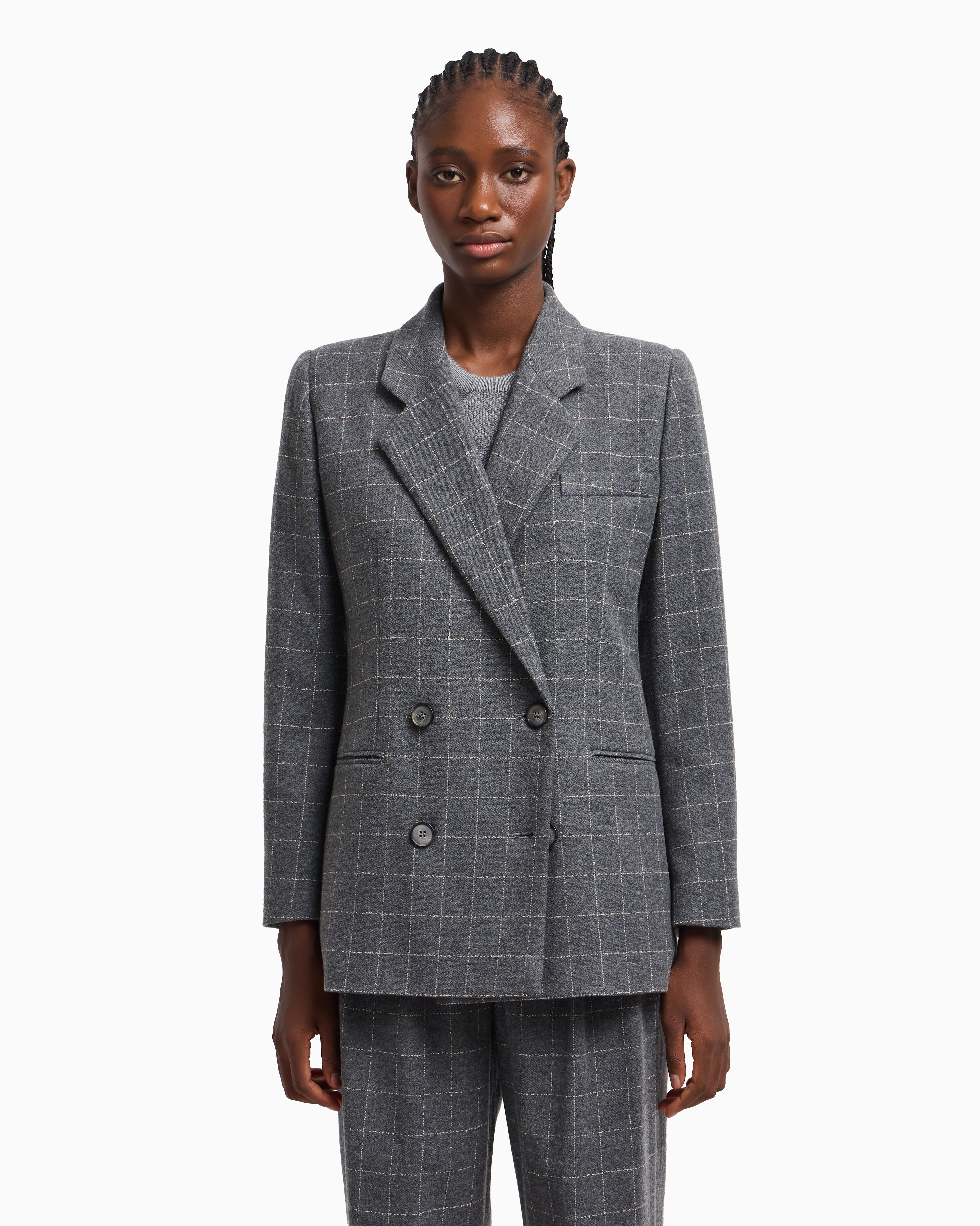 Emporio Armani Icon Flannel Double-breasted Blazer With A Check Motif In Gray