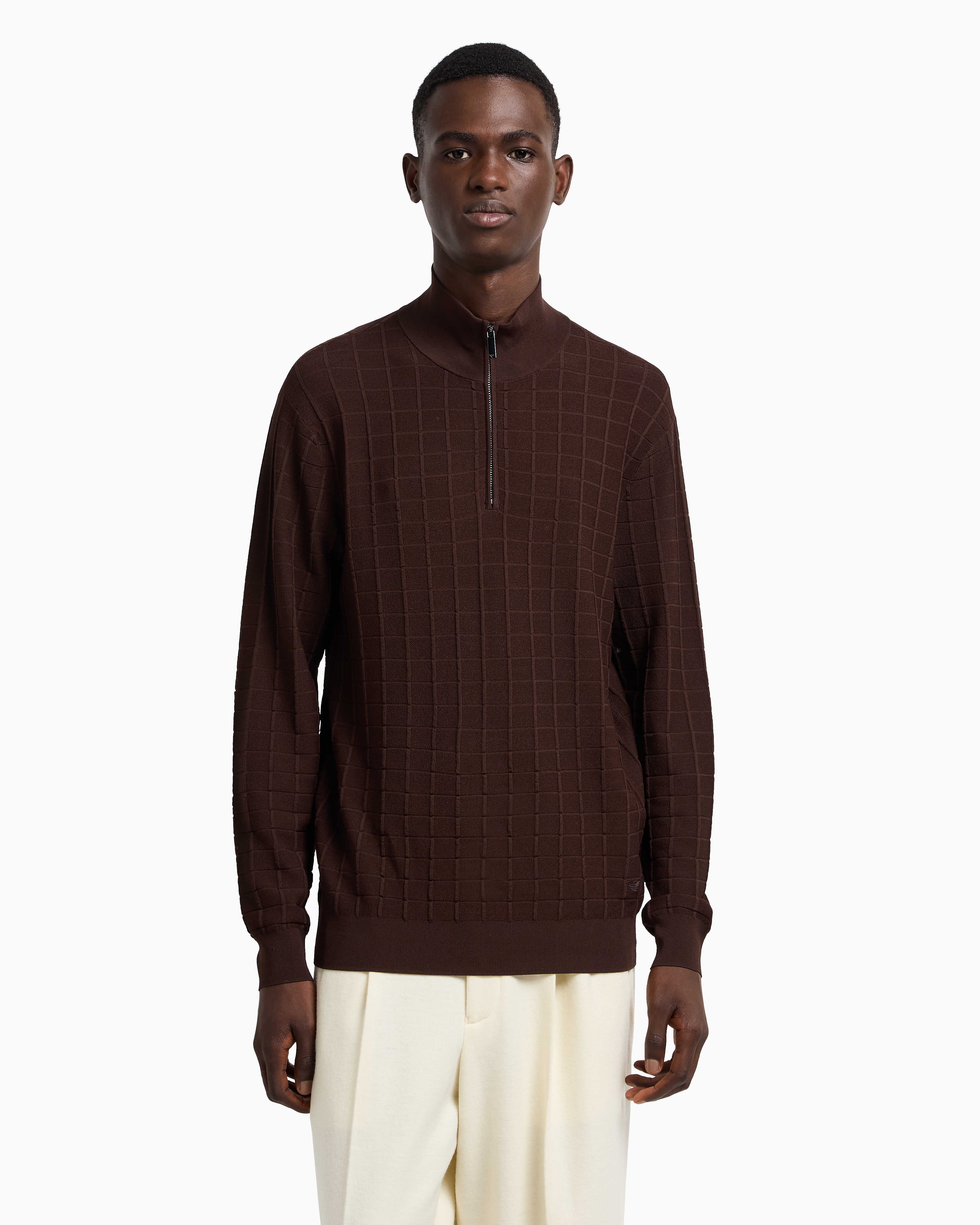 Emporio Armani Asv Mock-neck Jumper In A Check Knit In Brown