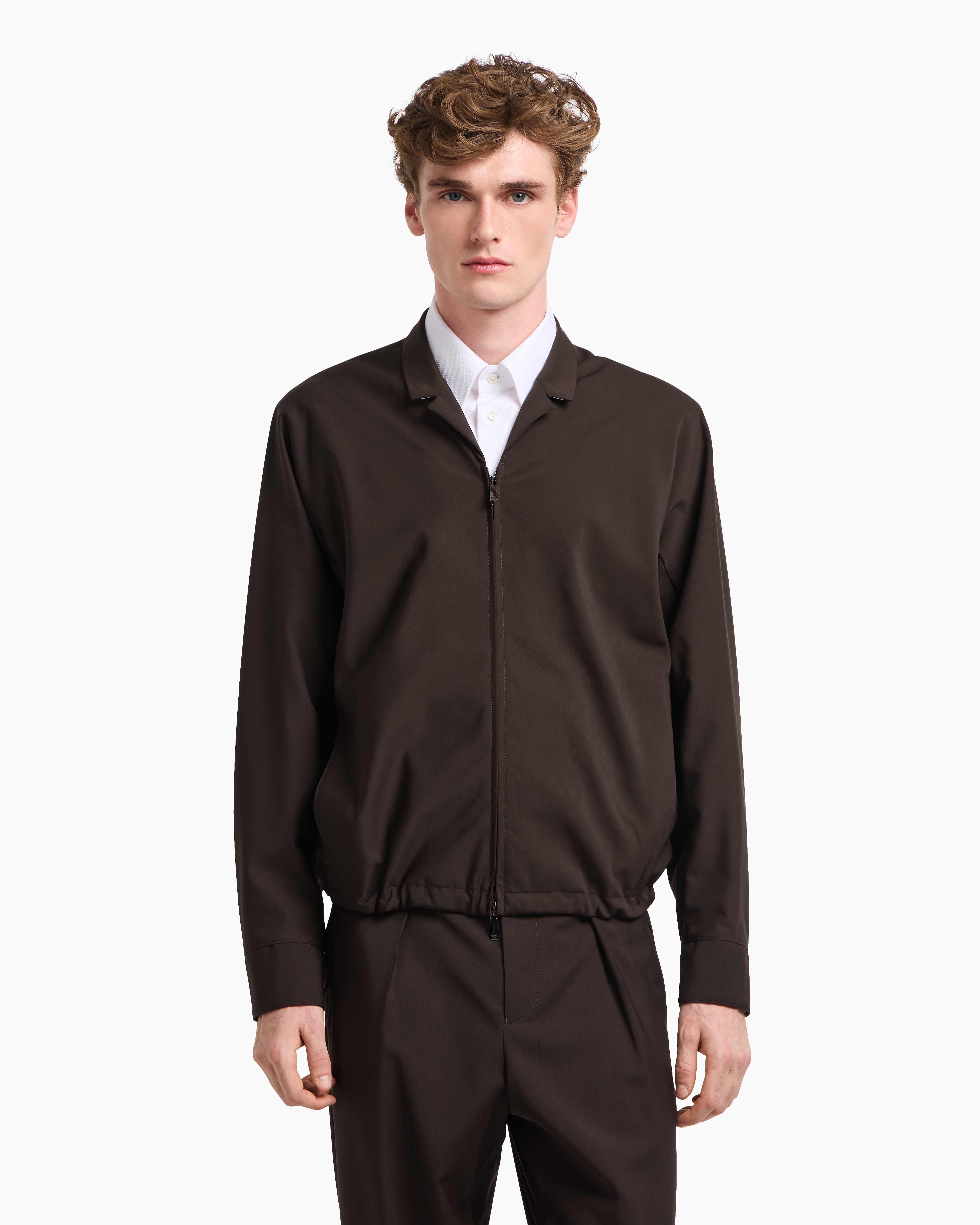 Emporio Armani Veste Chemise Zippée En Toile De Laine Froide Tropicale In Brown
