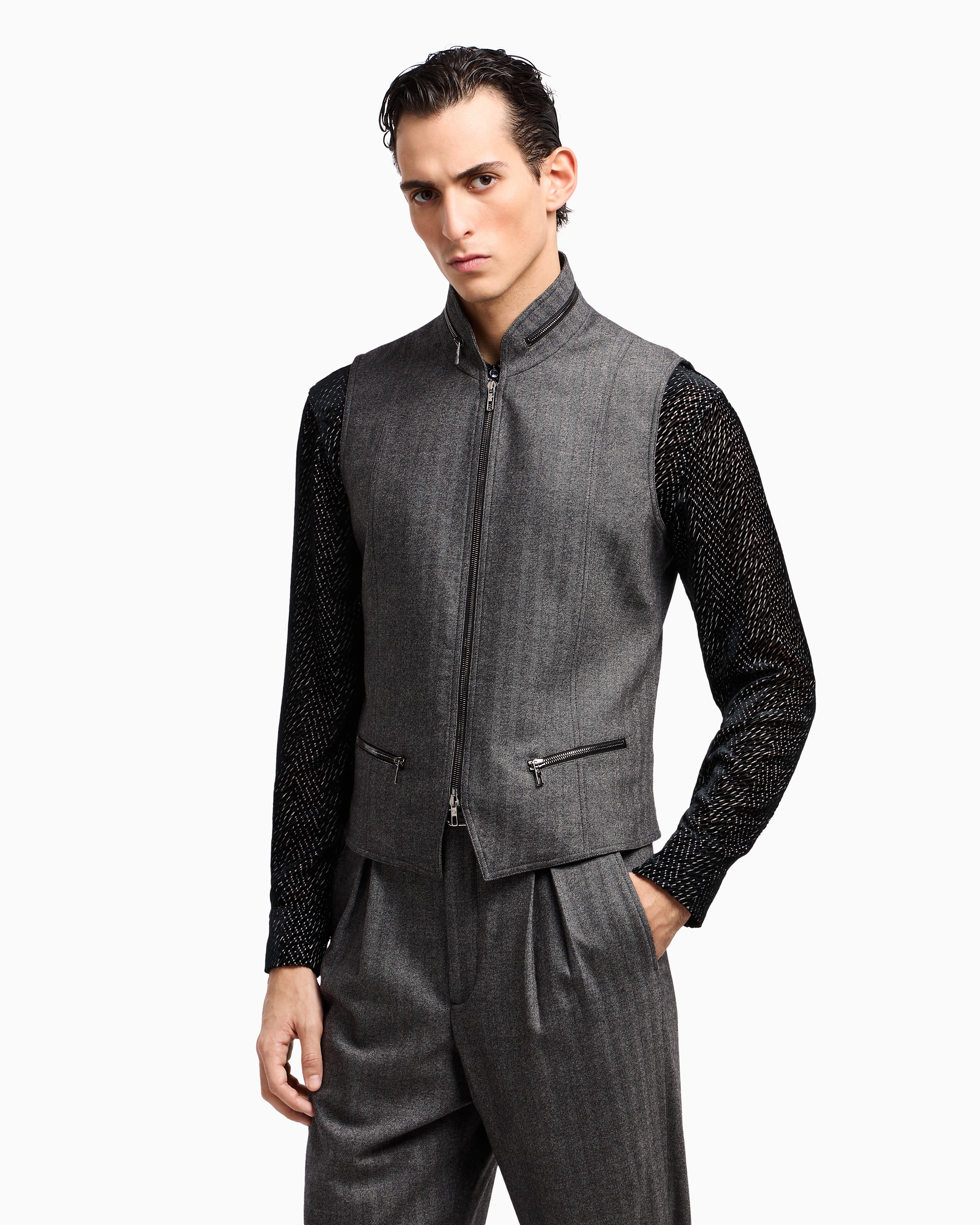 Giorgio Armani Zip-up Gilet In Chevron Virgin Wool And Cashmere In Gray