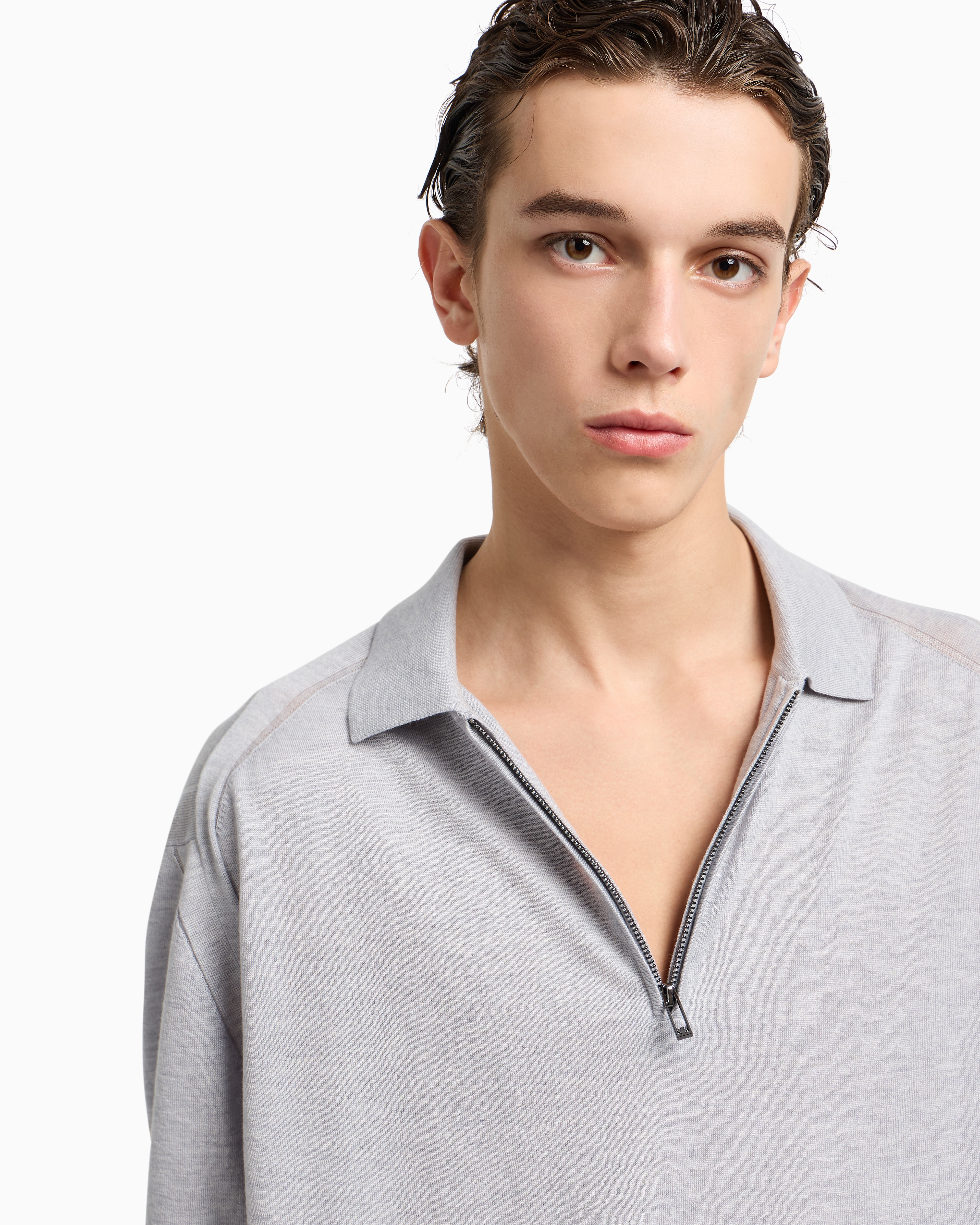 Emporio Armani Asv Plain-knit Jumper With Polo-shirt Collar, In A Wool And Lyocell Blend