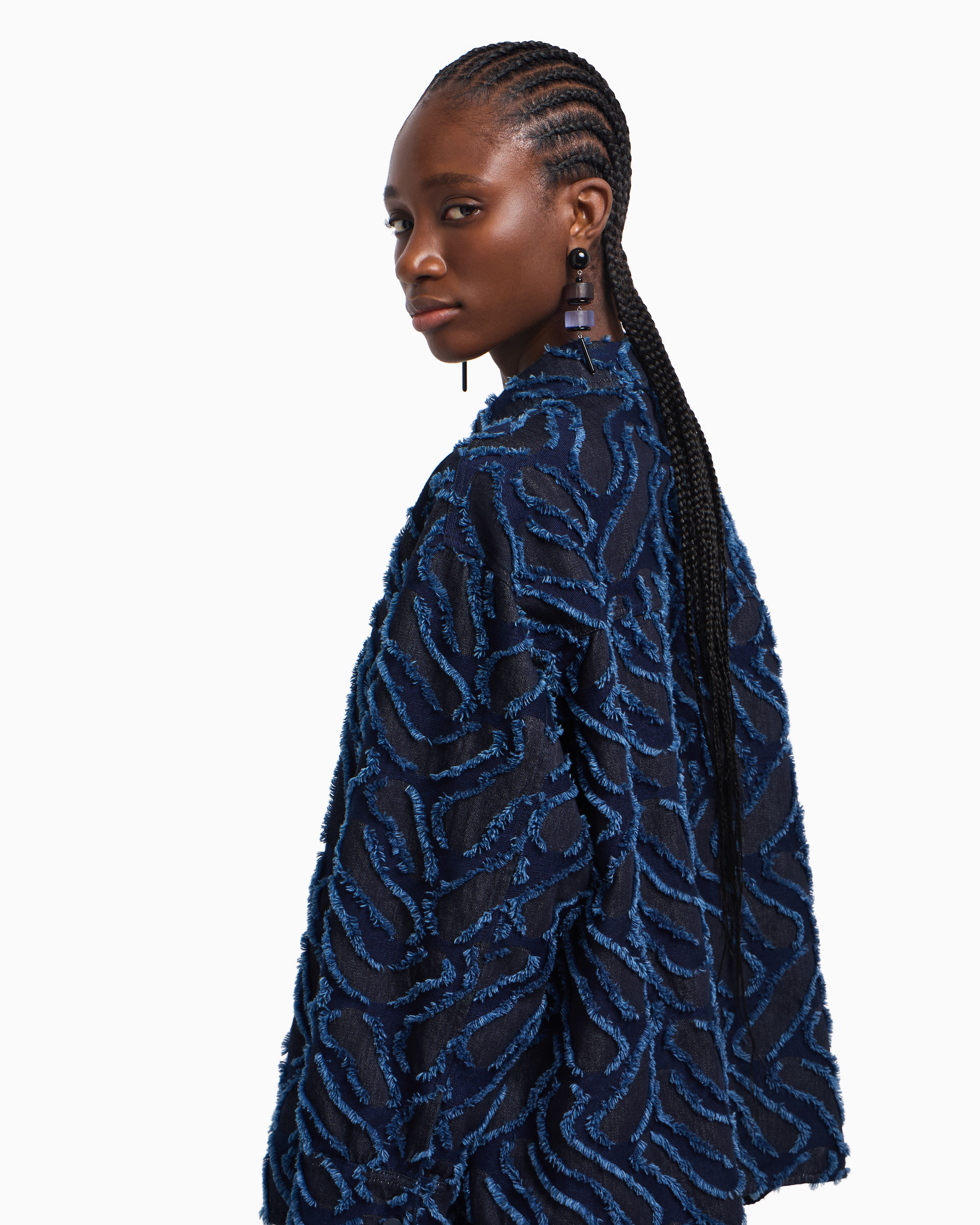 Emporio Armani Fringed Embossed-motif Jacquard Denim Shirt Jacket In Blue