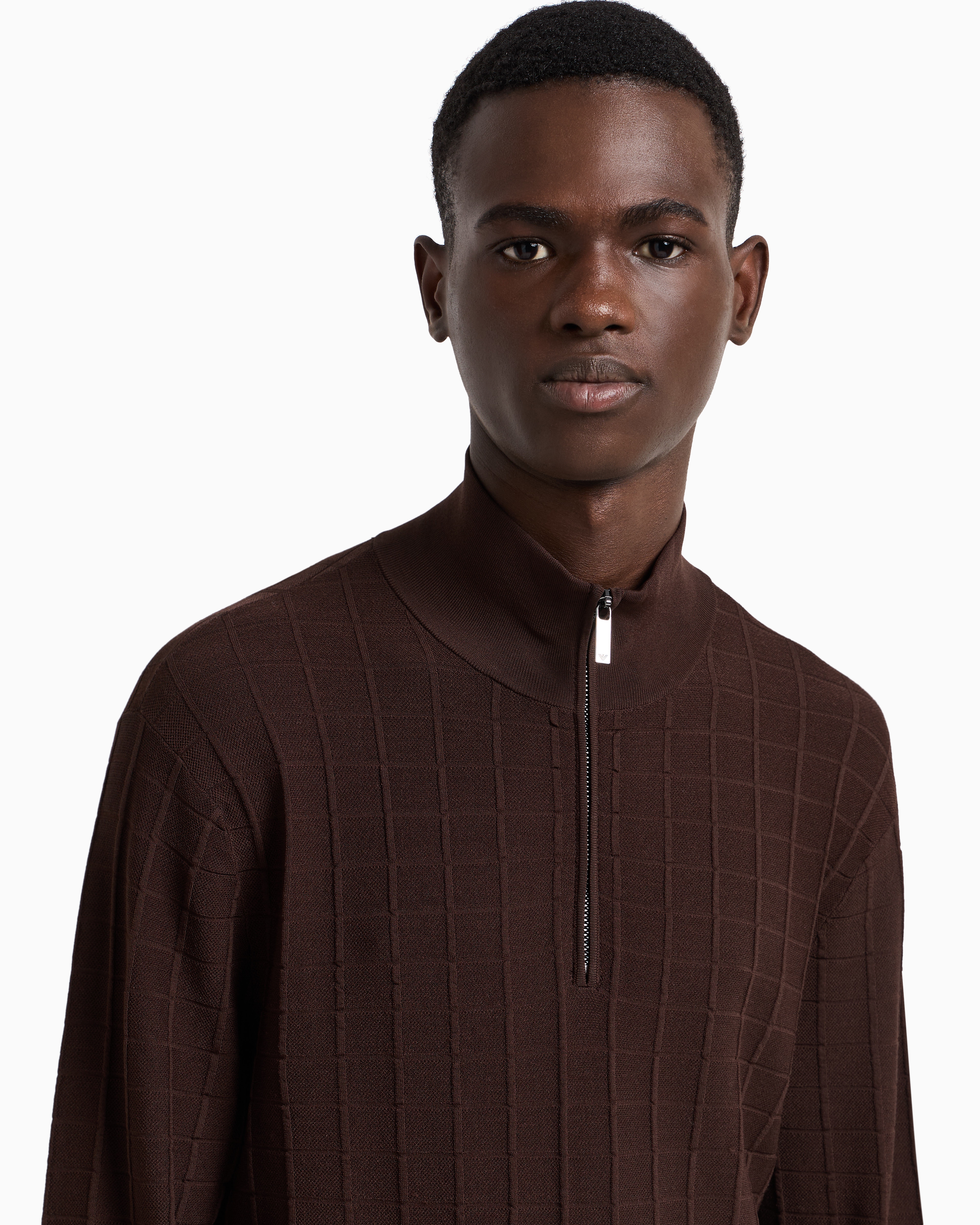 Emporio Armani Asv Mock-neck Jumper In A Check Knit In Brown