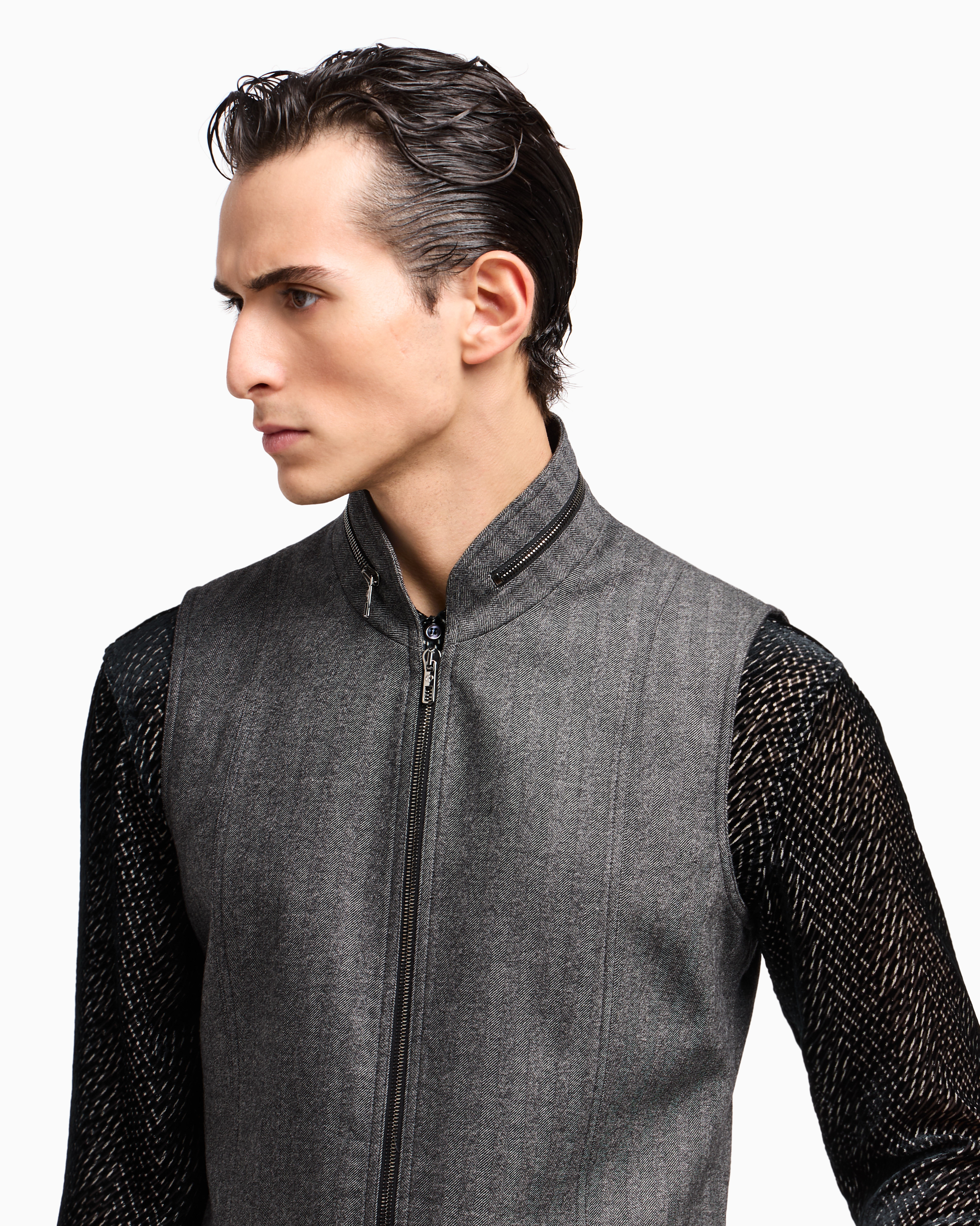Giorgio Armani Zip-up Gilet In Chevron Virgin Wool And Cashmere In Gray