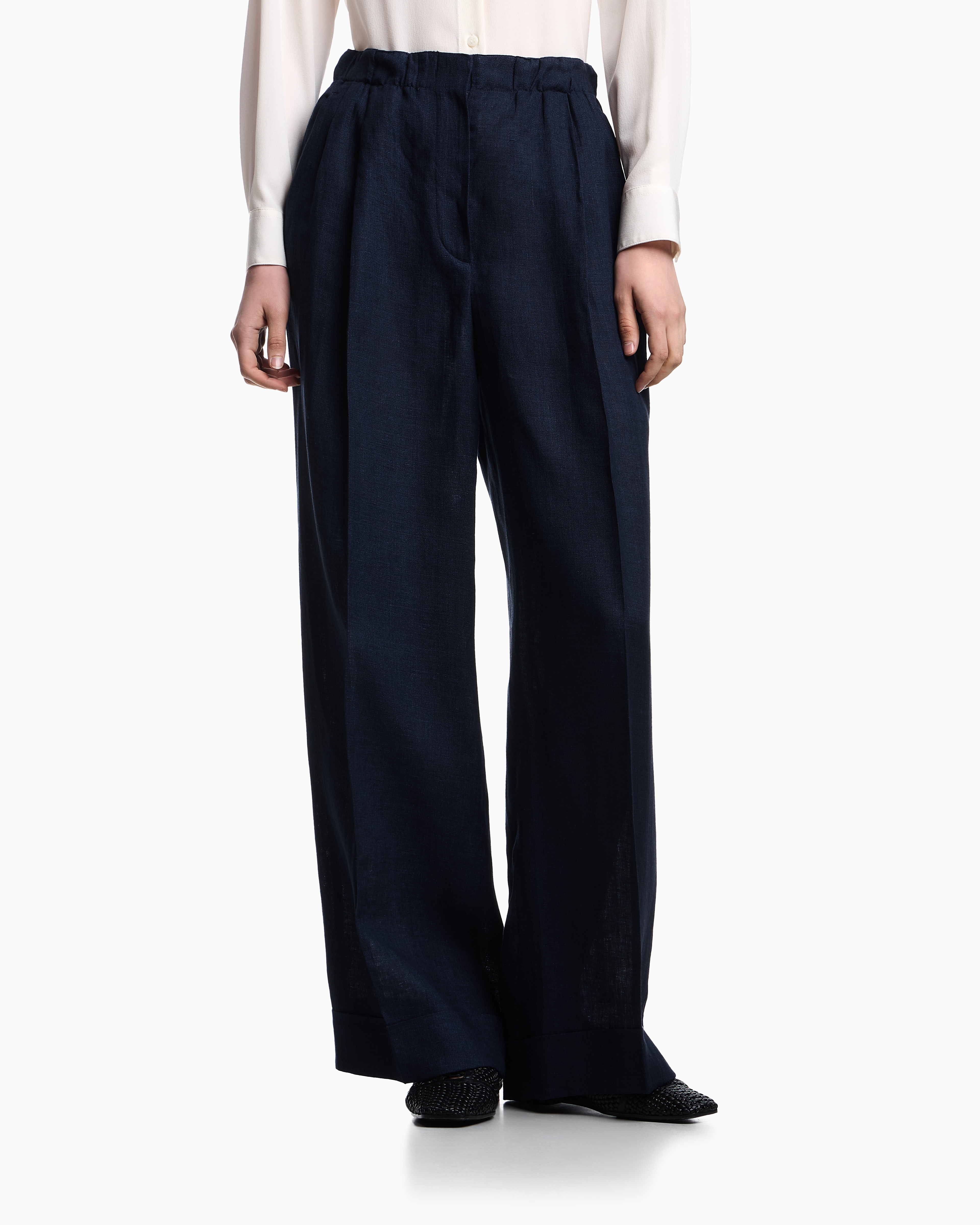 新品 エンポリオアルマーニ リネン ドローコード シャーリング パンツ 春夏 EMPORIO ARMANI (エンポリオ アルマーニ) リネン 無地 ロゴ刺繍