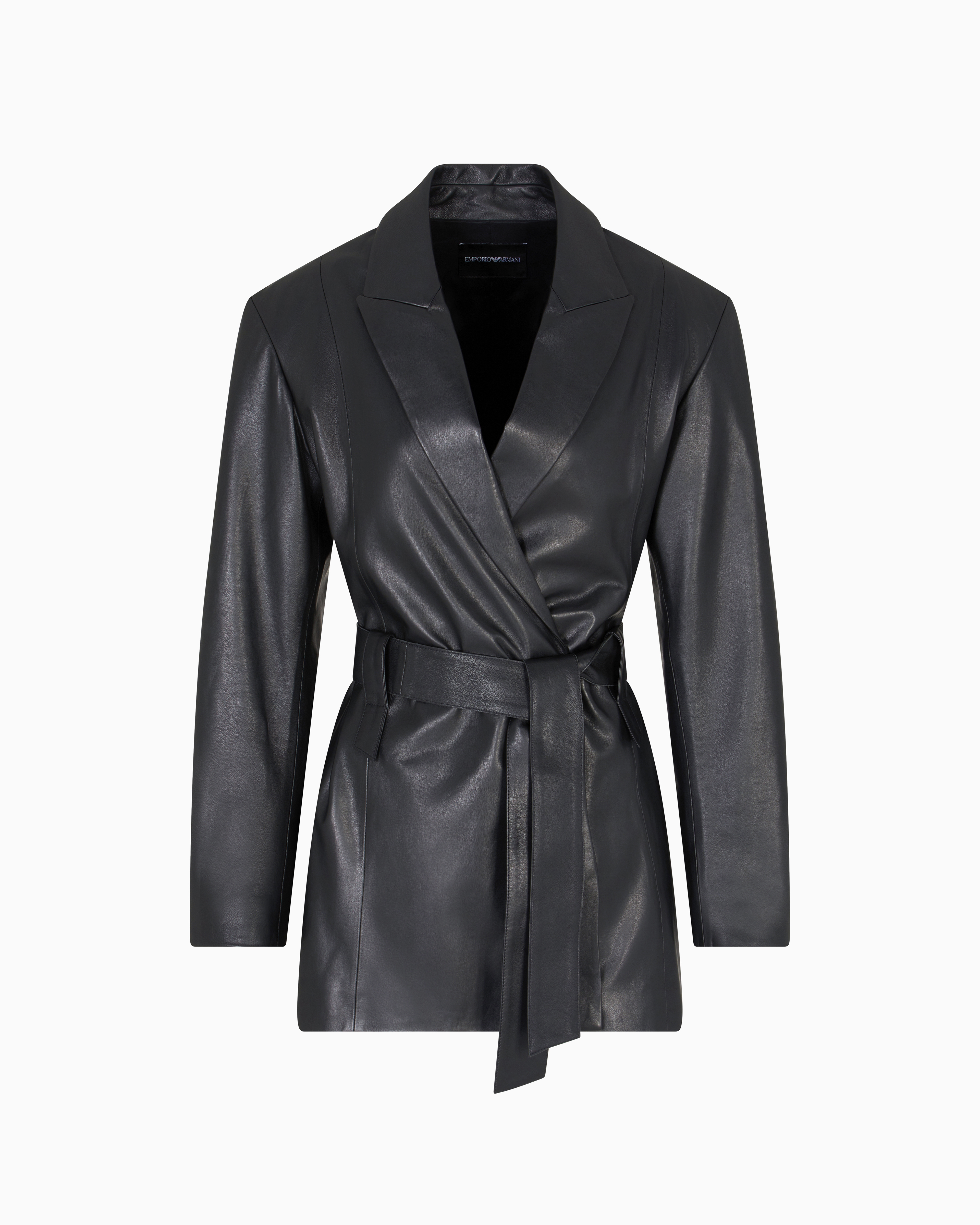 Emporio Armani - Polygon capsule collection lambskin nappa leather jacket with belt, Woman, Black, Size: